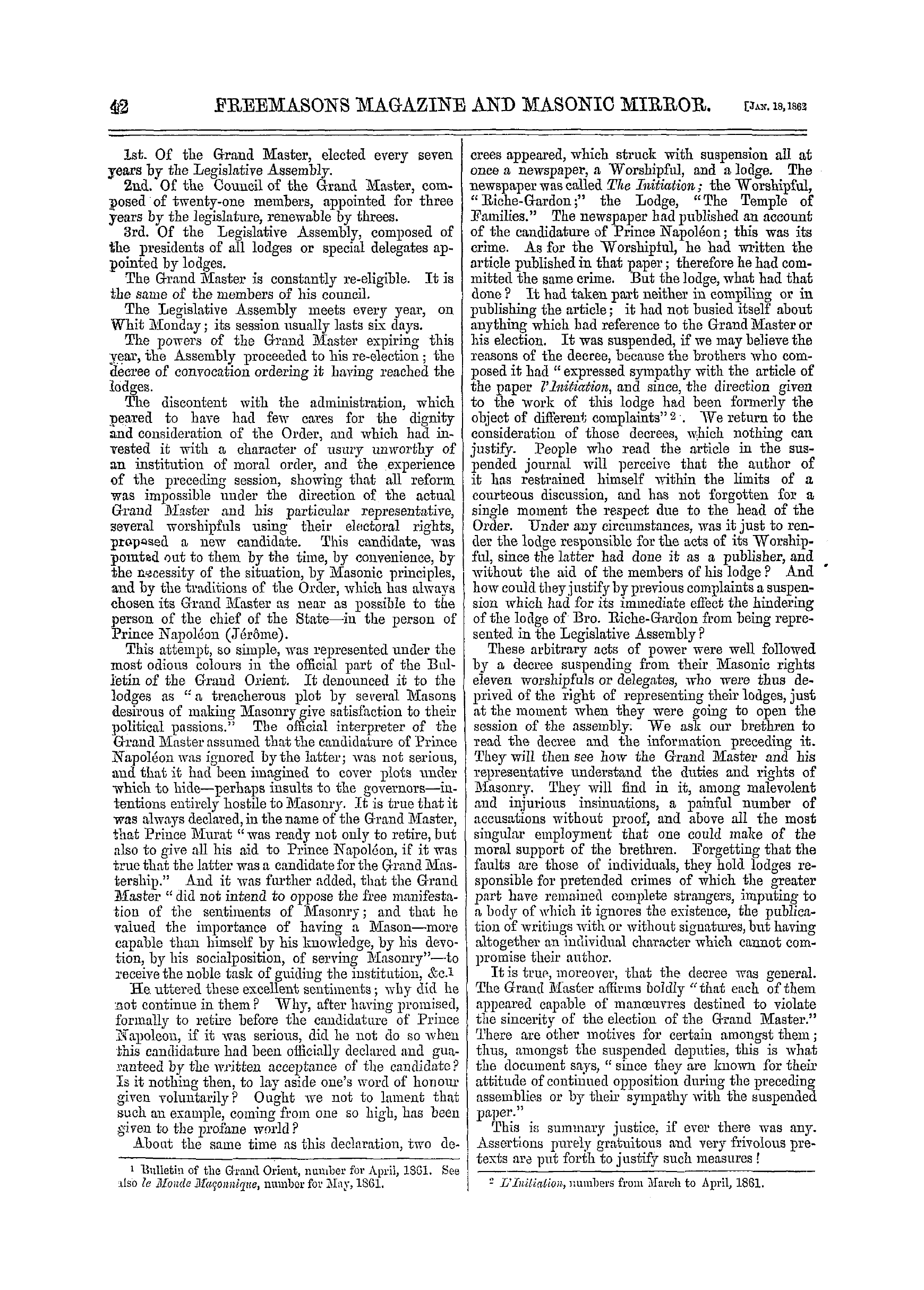 The Freemasons' Monthly Magazine: 1862-01-18 - Freemasonry In France.