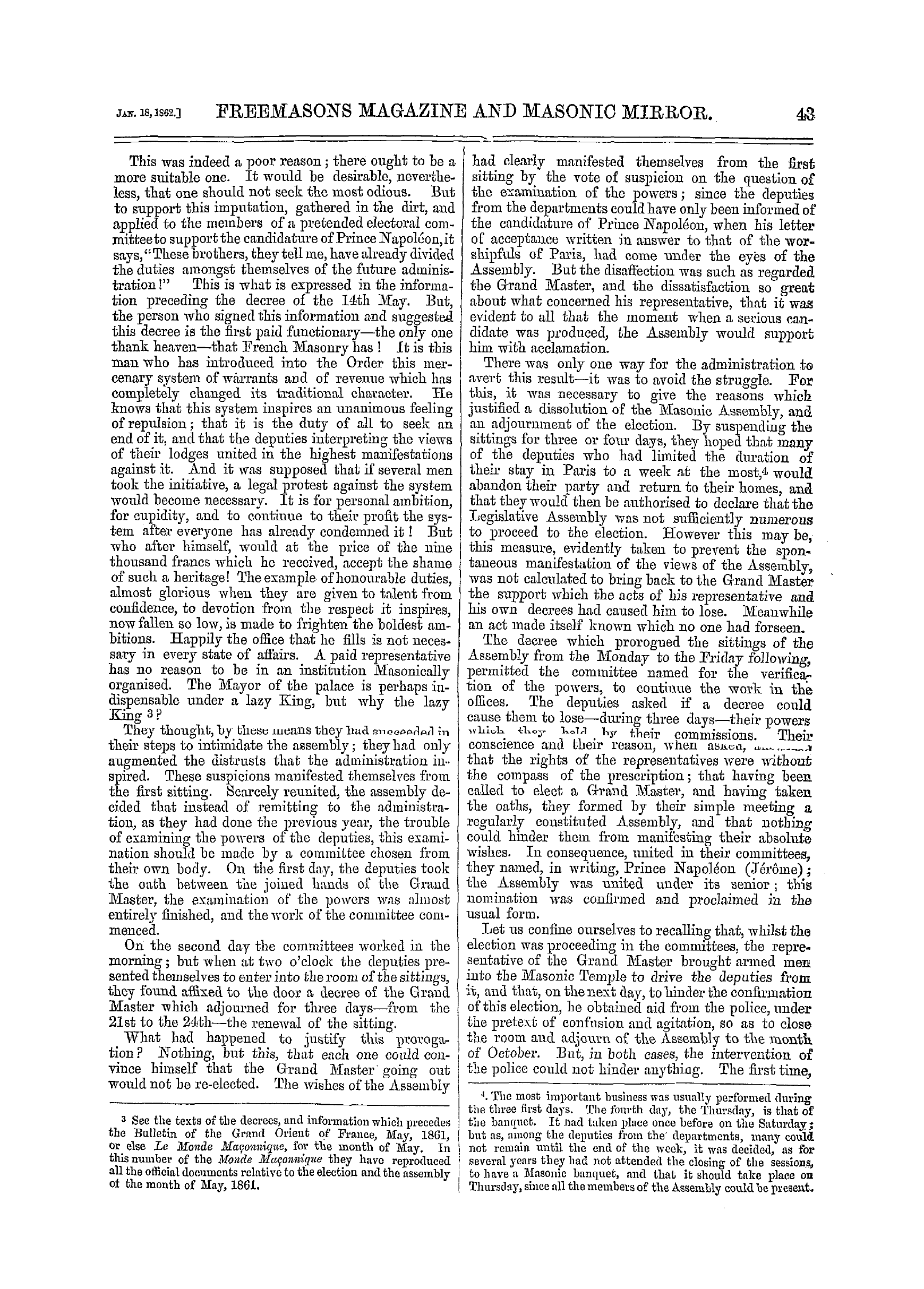 The Freemasons' Monthly Magazine: 1862-01-18 - Freemasonry In France.