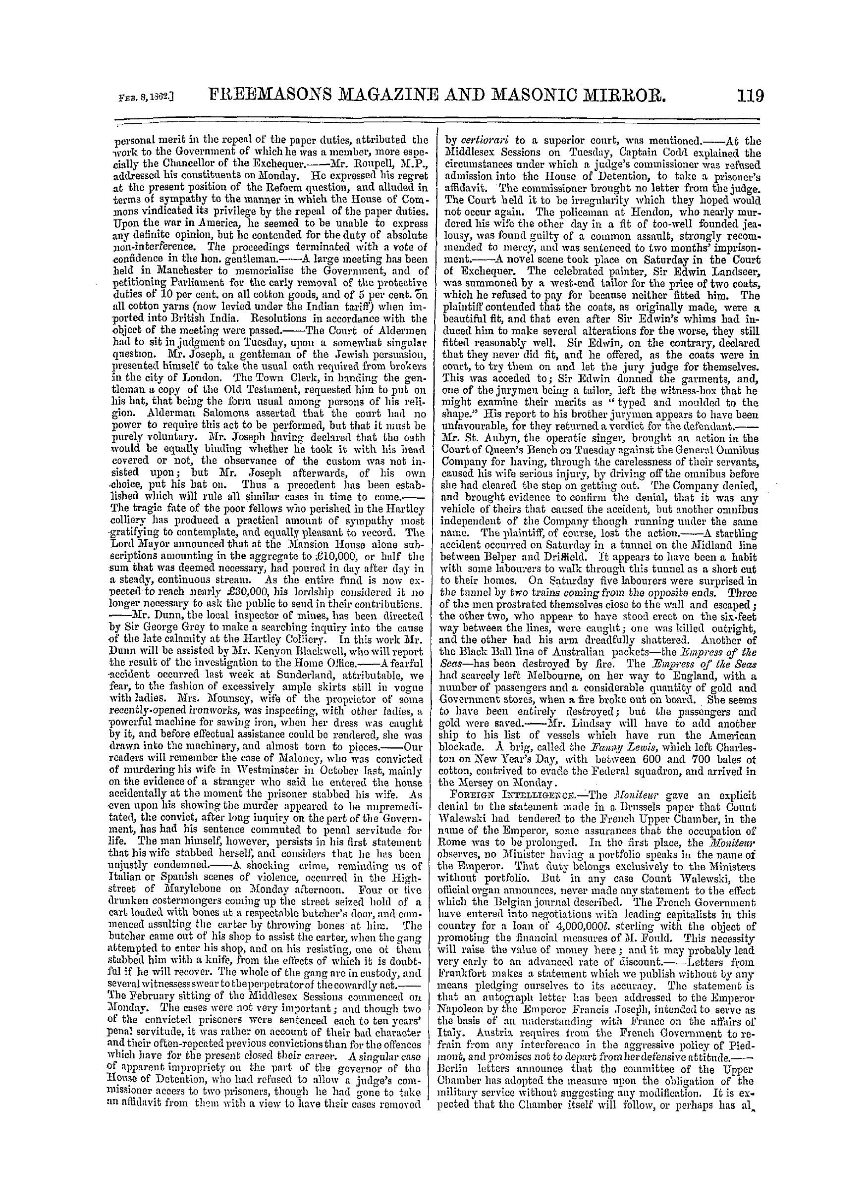 The Freemasons' Monthly Magazine: 1862-02-08 - The Week.