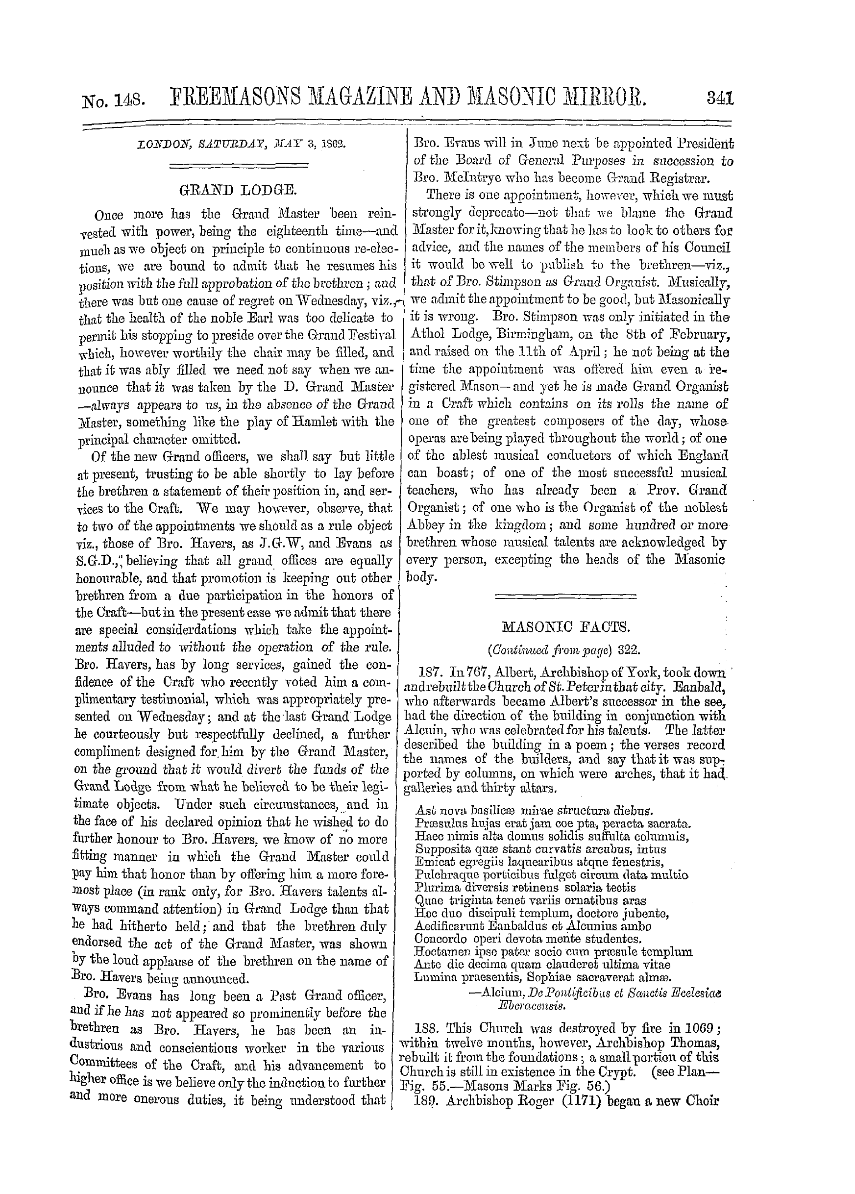 The Freemasons' Monthly Magazine: 1862-05-03 - Grand Lodge.