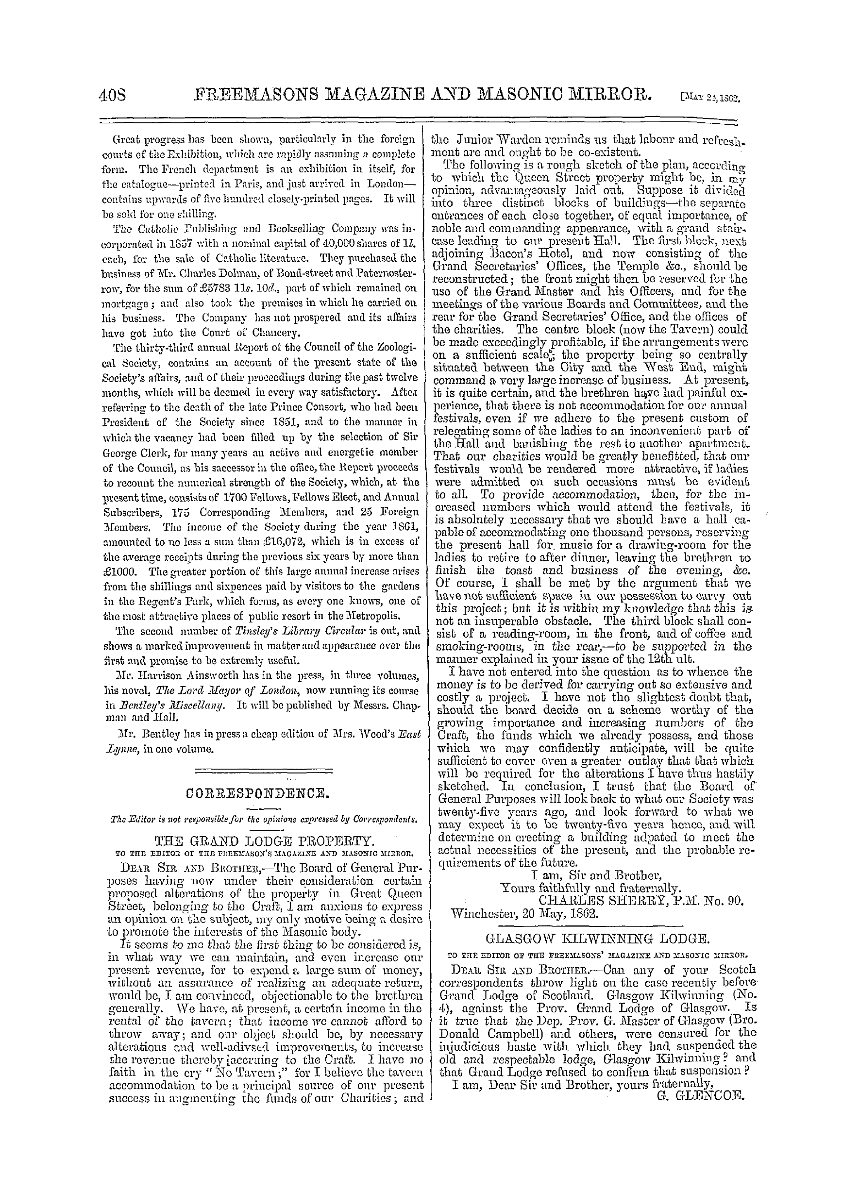 The Freemasons' Monthly Magazine: 1862-05-24 - Correspondence.