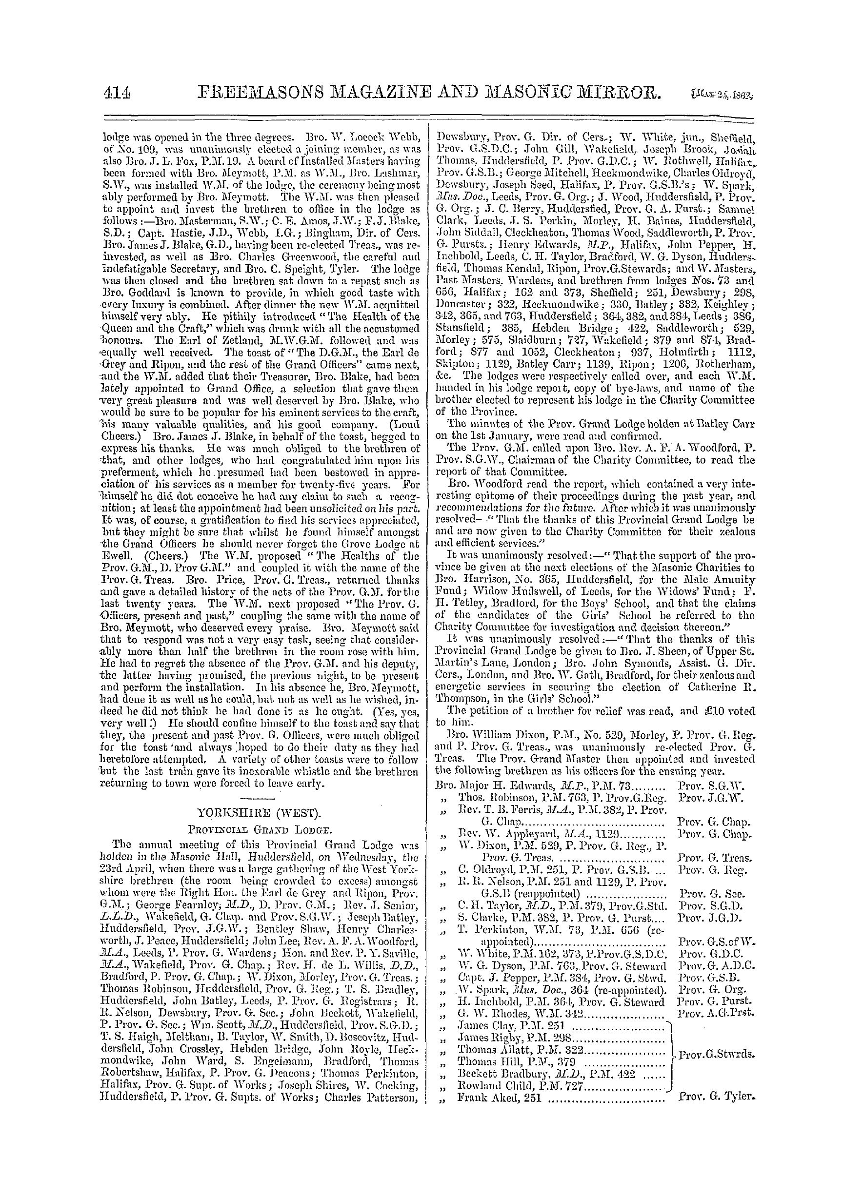 The Freemasons' Monthly Magazine: 1862-05-24 - Provincial.