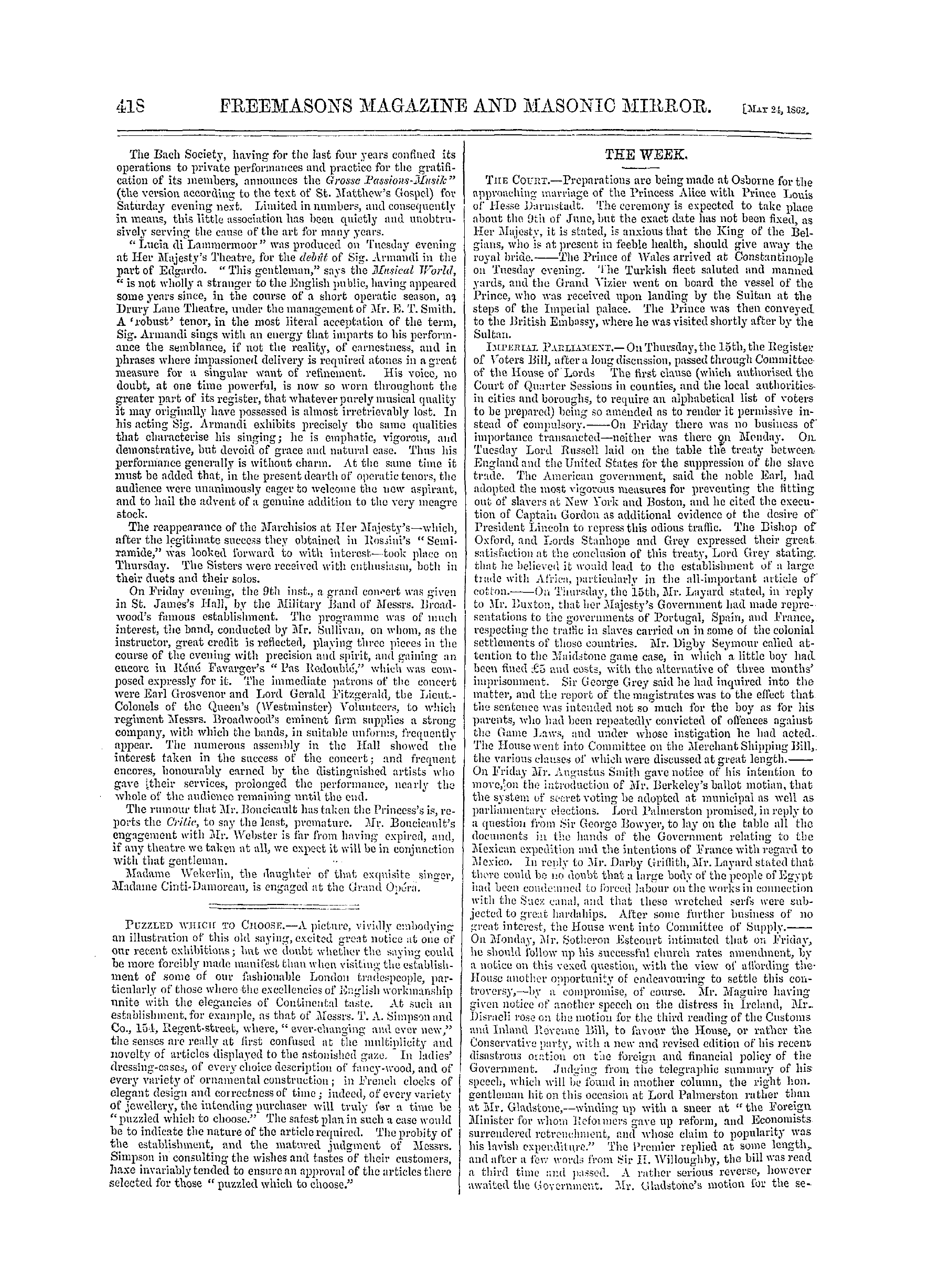 The Freemasons' Monthly Magazine: 1862-05-24 - Notes On Music And The Drama.