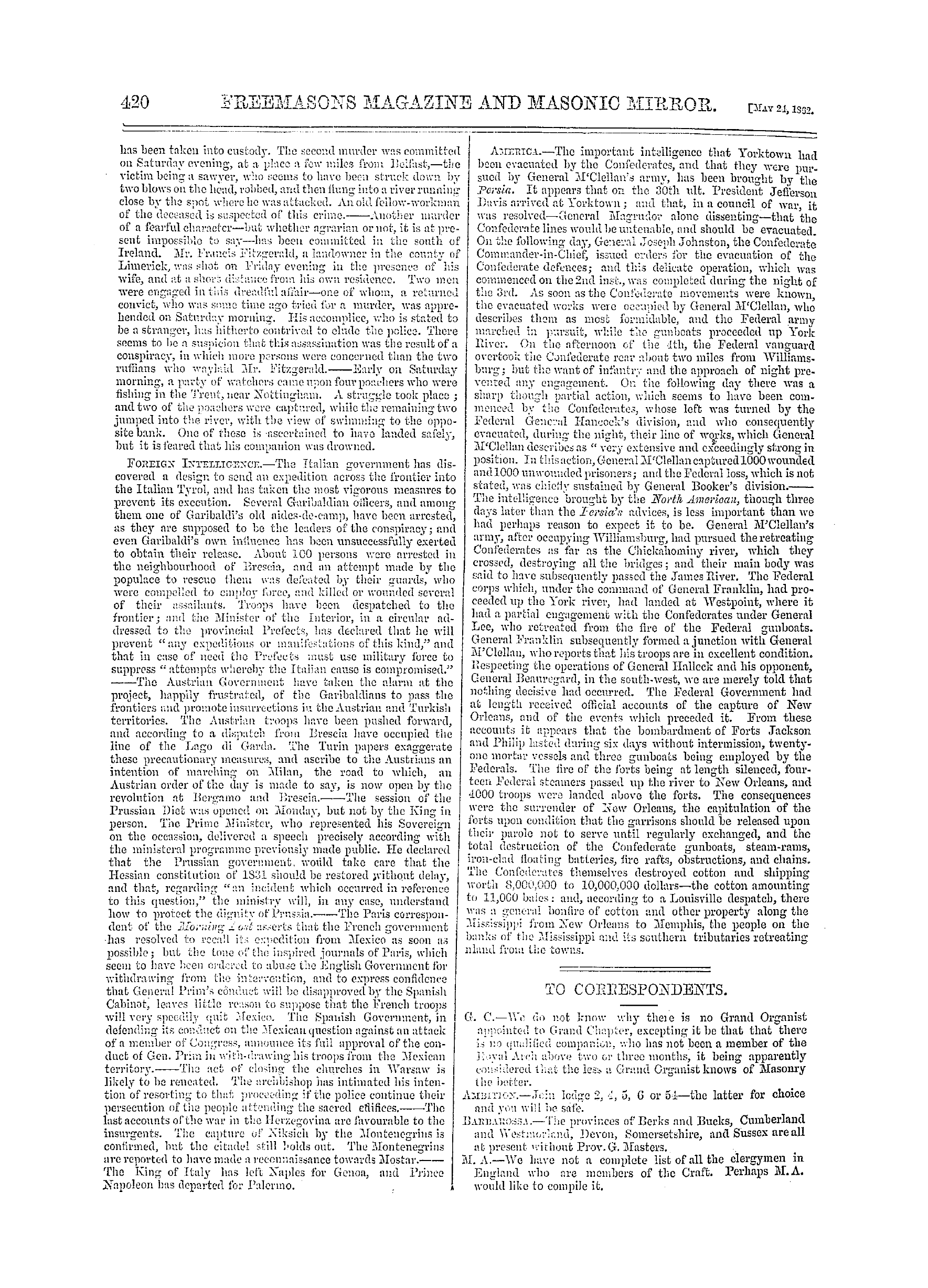 The Freemasons' Monthly Magazine: 1862-05-24 - The Week.