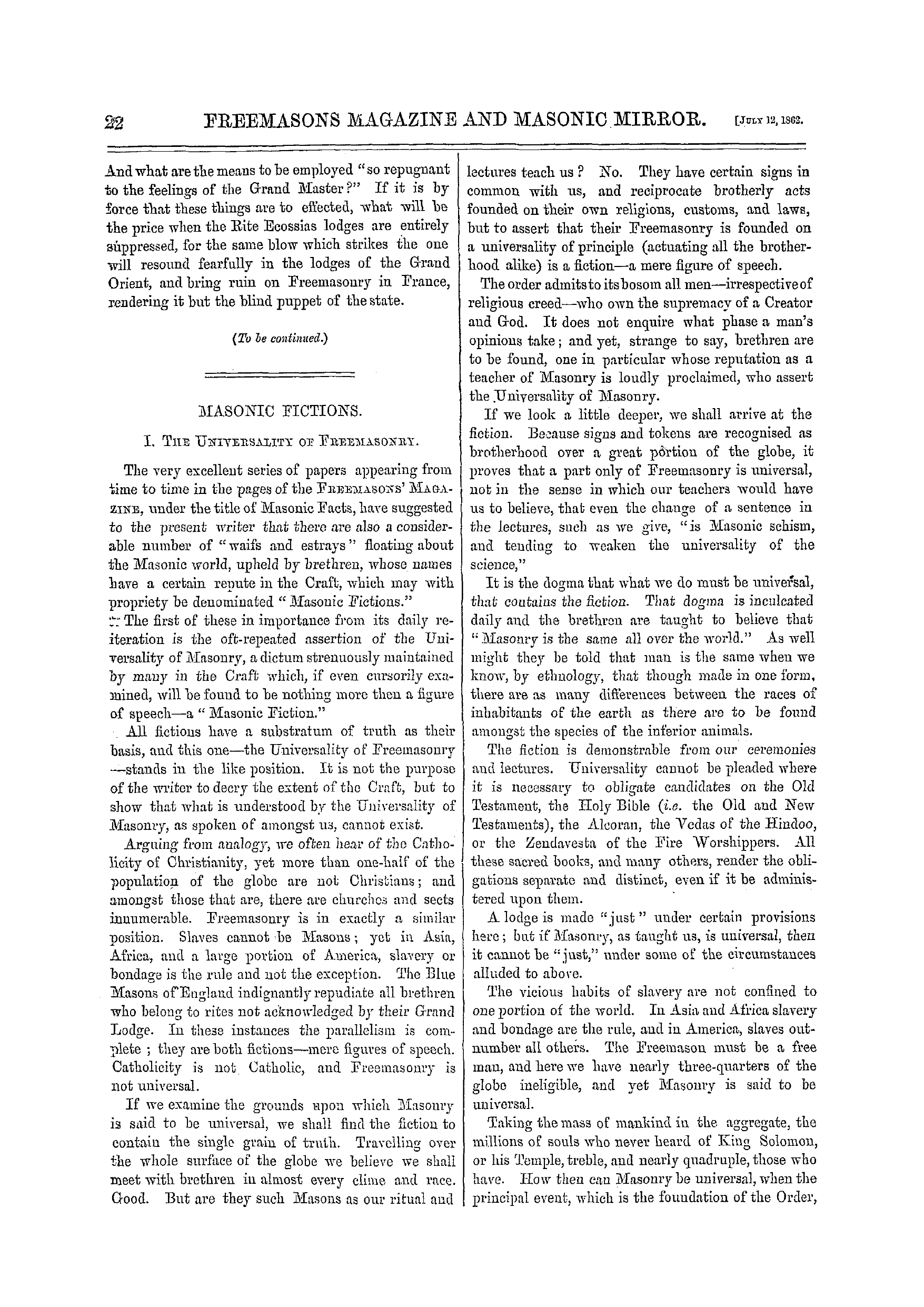 The Freemasons' Monthly Magazine: 1862-07-12 - Masonic Fictions.