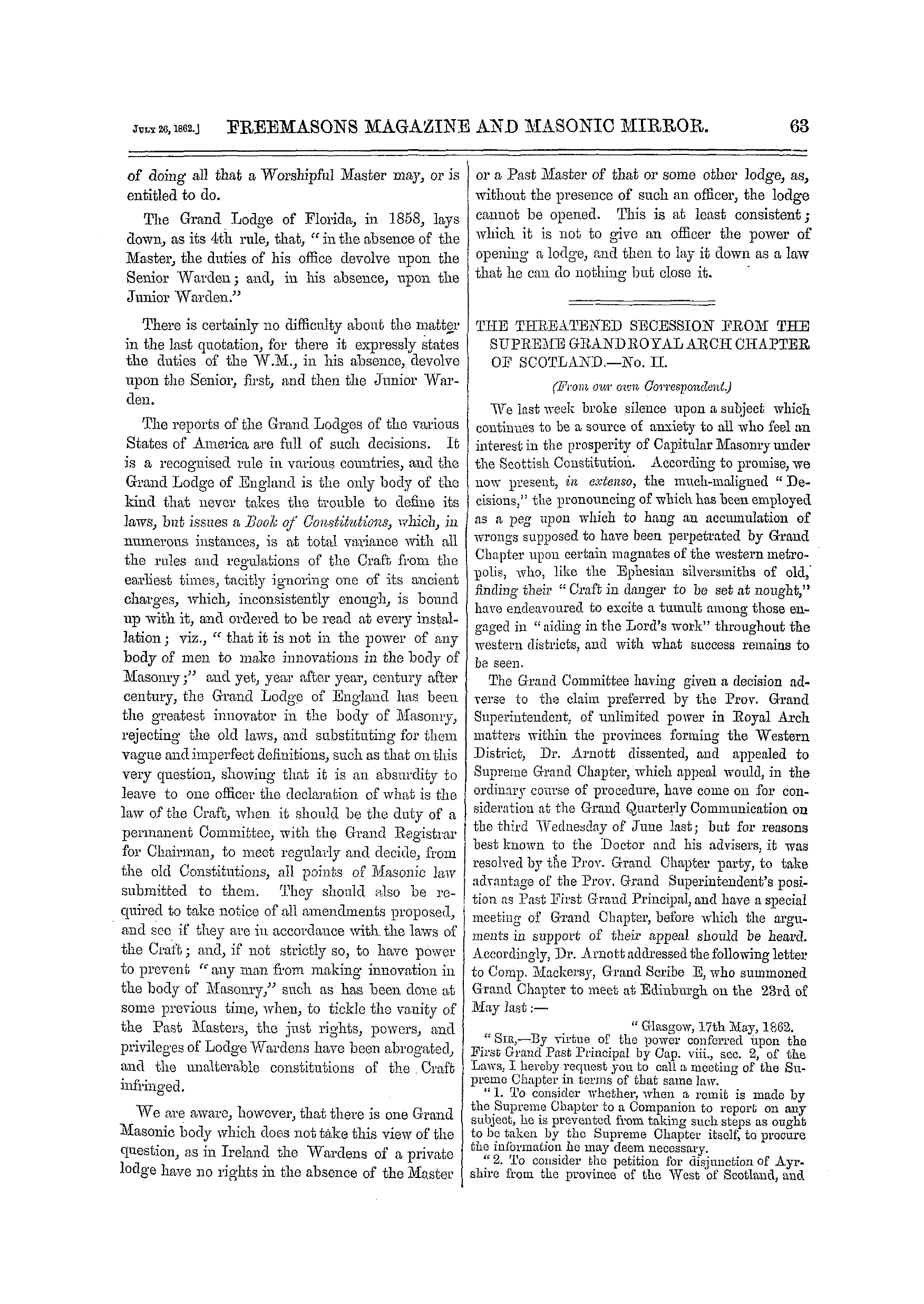 The Freemasons' Monthly Magazine: 1862-07-26 - The Threatened Secession Ebom The Supreme Gbandboyal Aech Chapter Oe Scotland.—No. Ii.