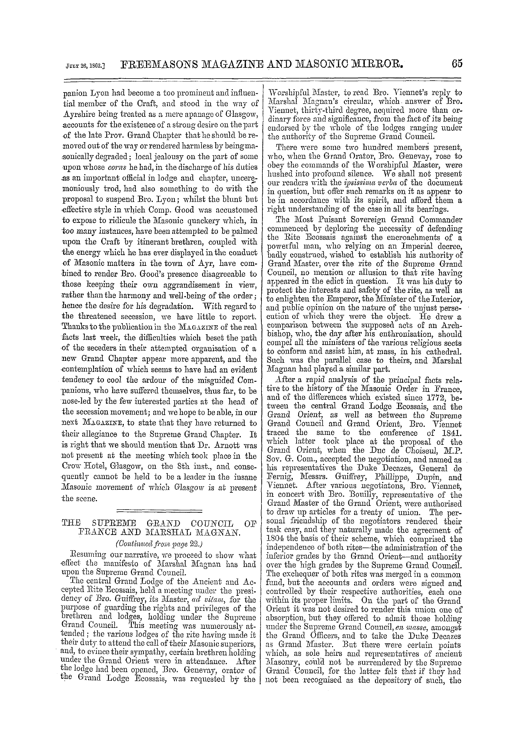 The Freemasons' Monthly Magazine: 1862-07-26 - The Supreme Grand Council Of France And Marshal Magnan.