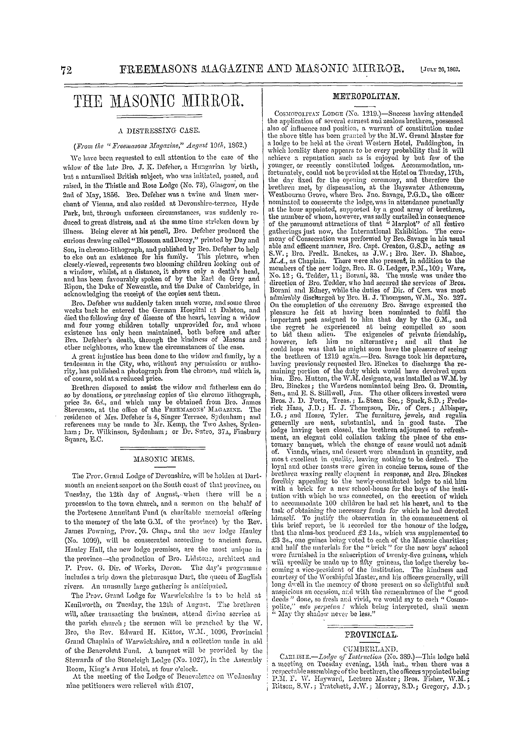 The Freemasons' Monthly Magazine: 1862-07-26 - Metropolitan.