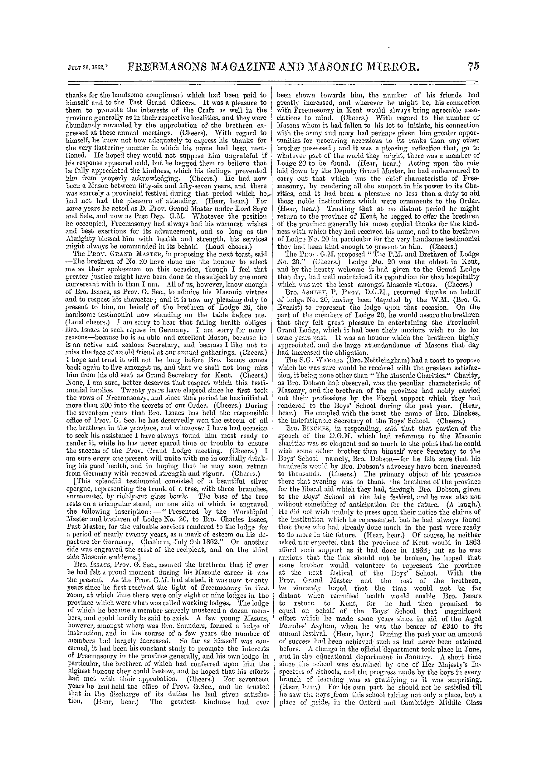 The Freemasons' Monthly Magazine: 1862-07-26 - Provincial.