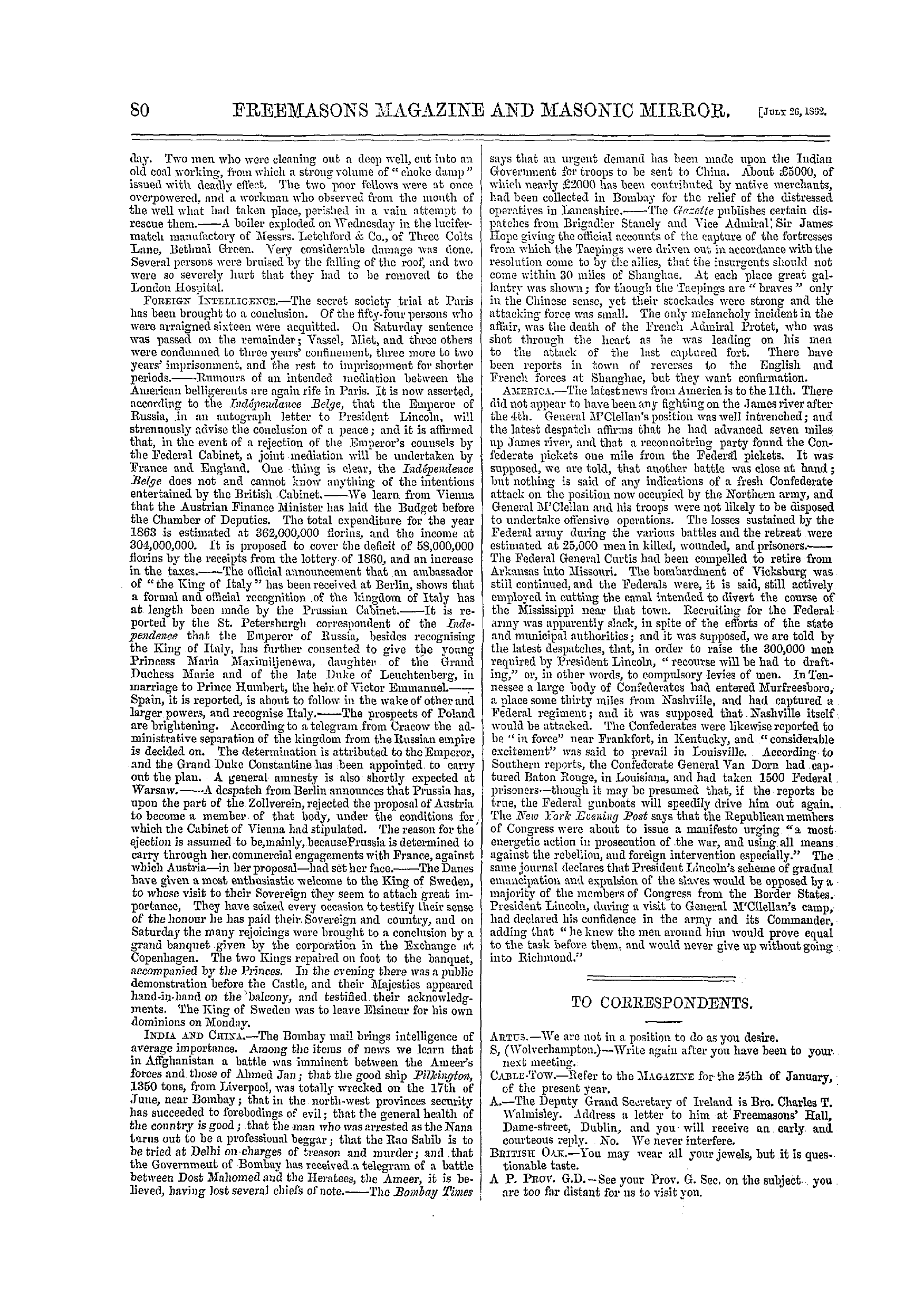 The Freemasons' Monthly Magazine: 1862-07-26 - The Week.