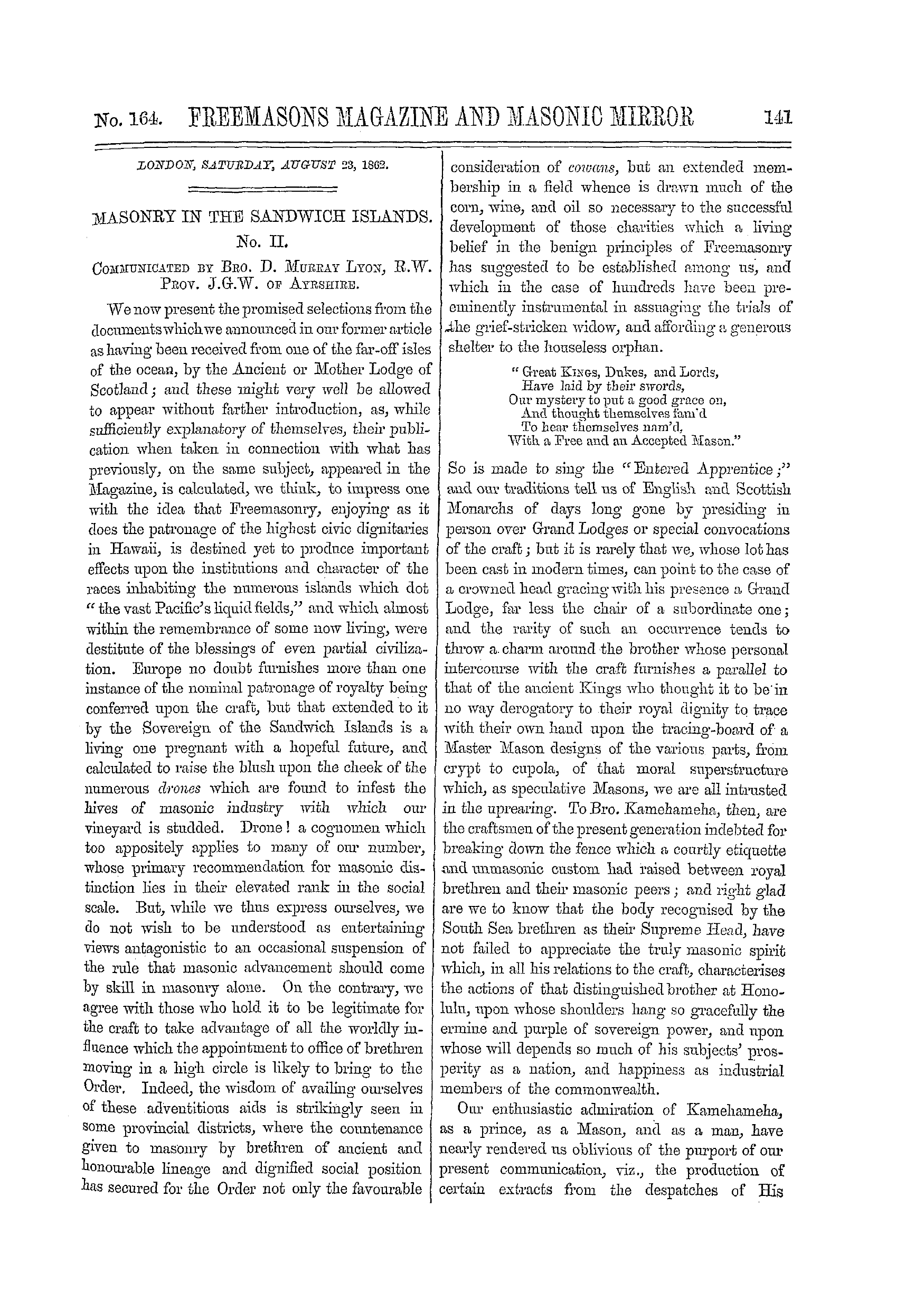 The Freemasons' Monthly Magazine: 1862-08-23 - Masonry In The Sandwich Islands. No. Ii.