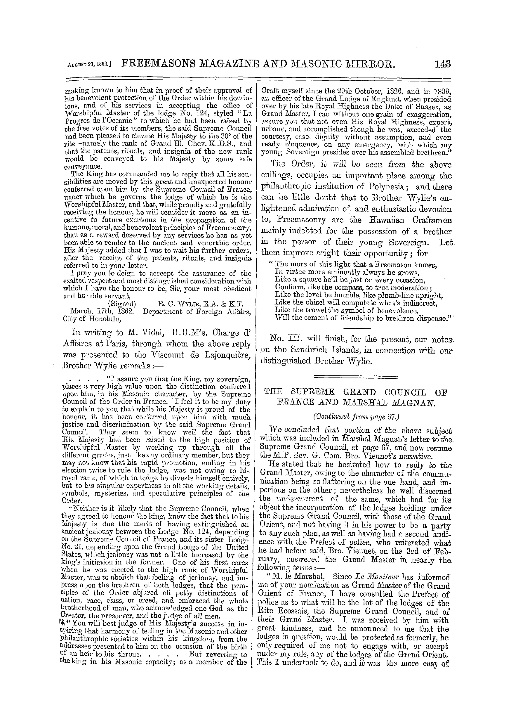 The Freemasons' Monthly Magazine: 1862-08-23 - Masonry In The Sandwich Islands. No. Ii.