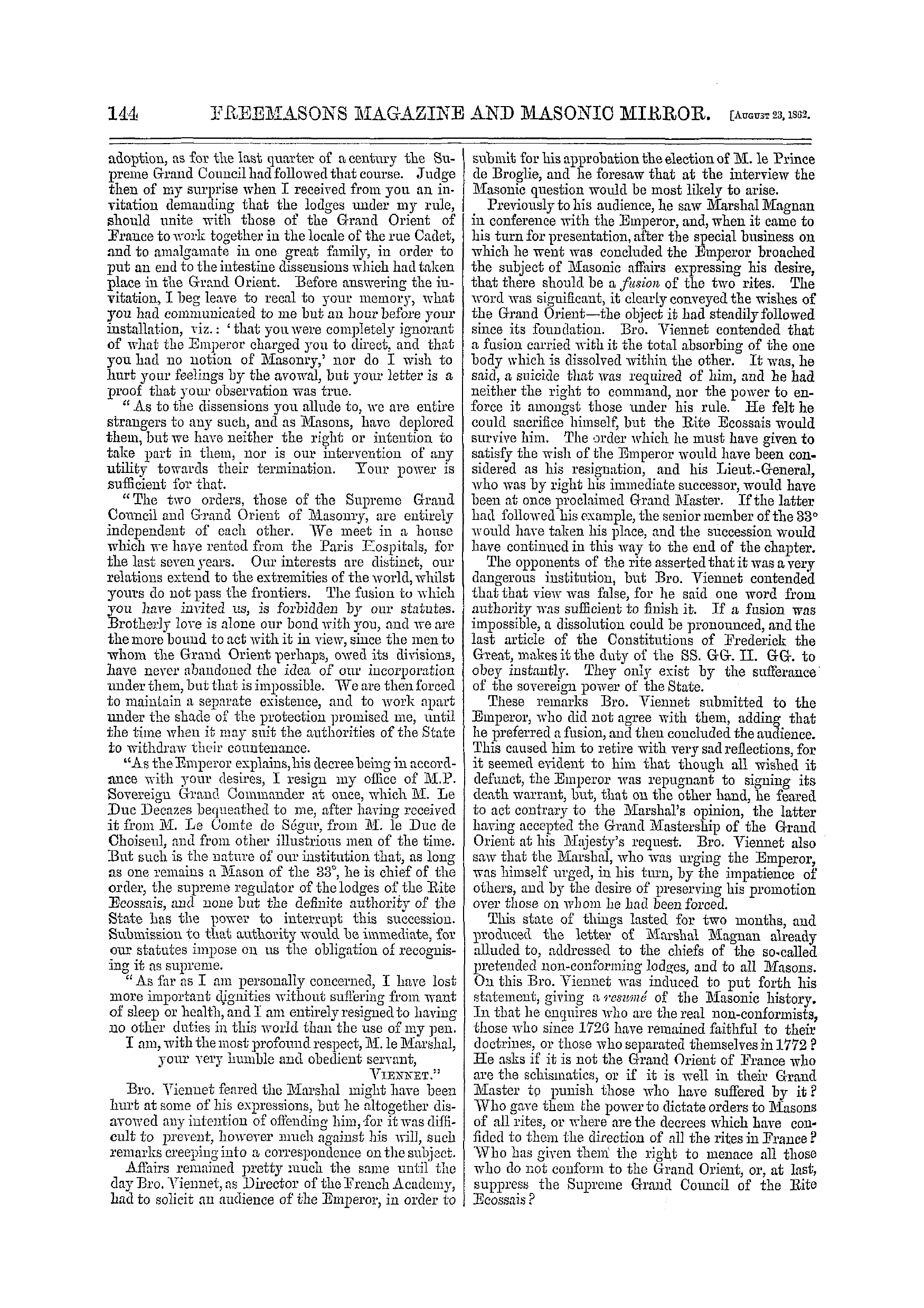 The Freemasons' Monthly Magazine: 1862-08-23 - The Supreme Grand Council 0f France And Marshal Magnan.