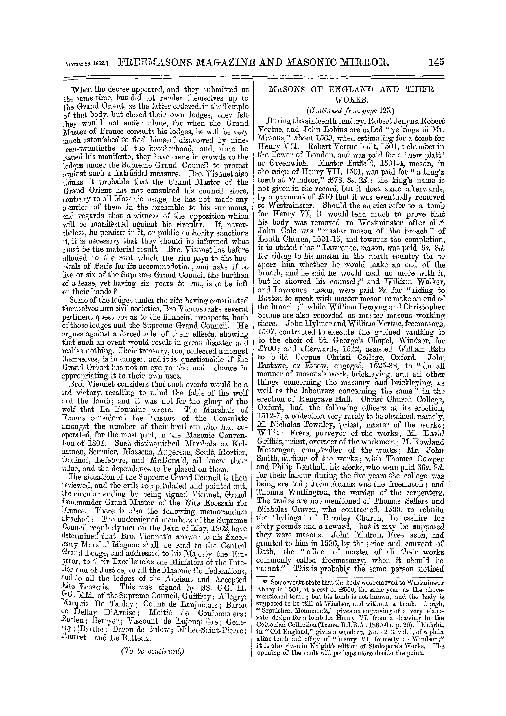 The Freemasons' Monthly Magazine: 1862-08-23 - Masons Of England And Their Works.