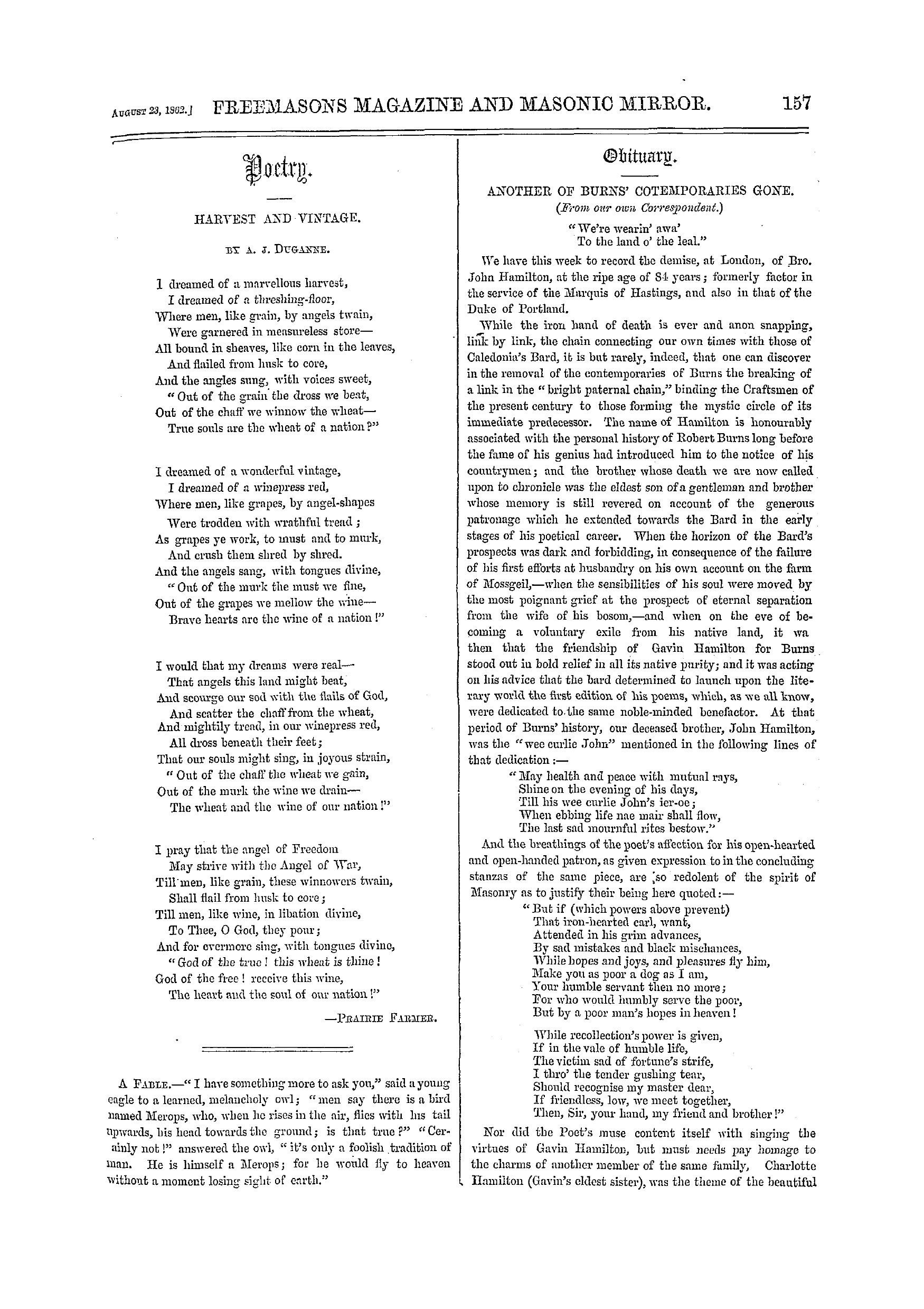 The Freemasons' Monthly Magazine: 1862-08-23 - Obituary.