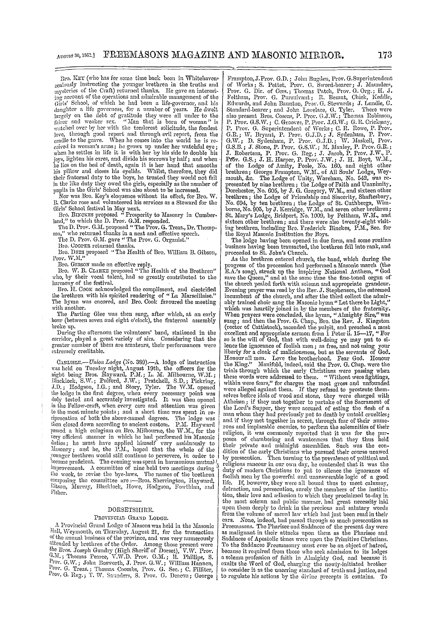 The Freemasons' Monthly Magazine: 1862-08-30 - Provincial.