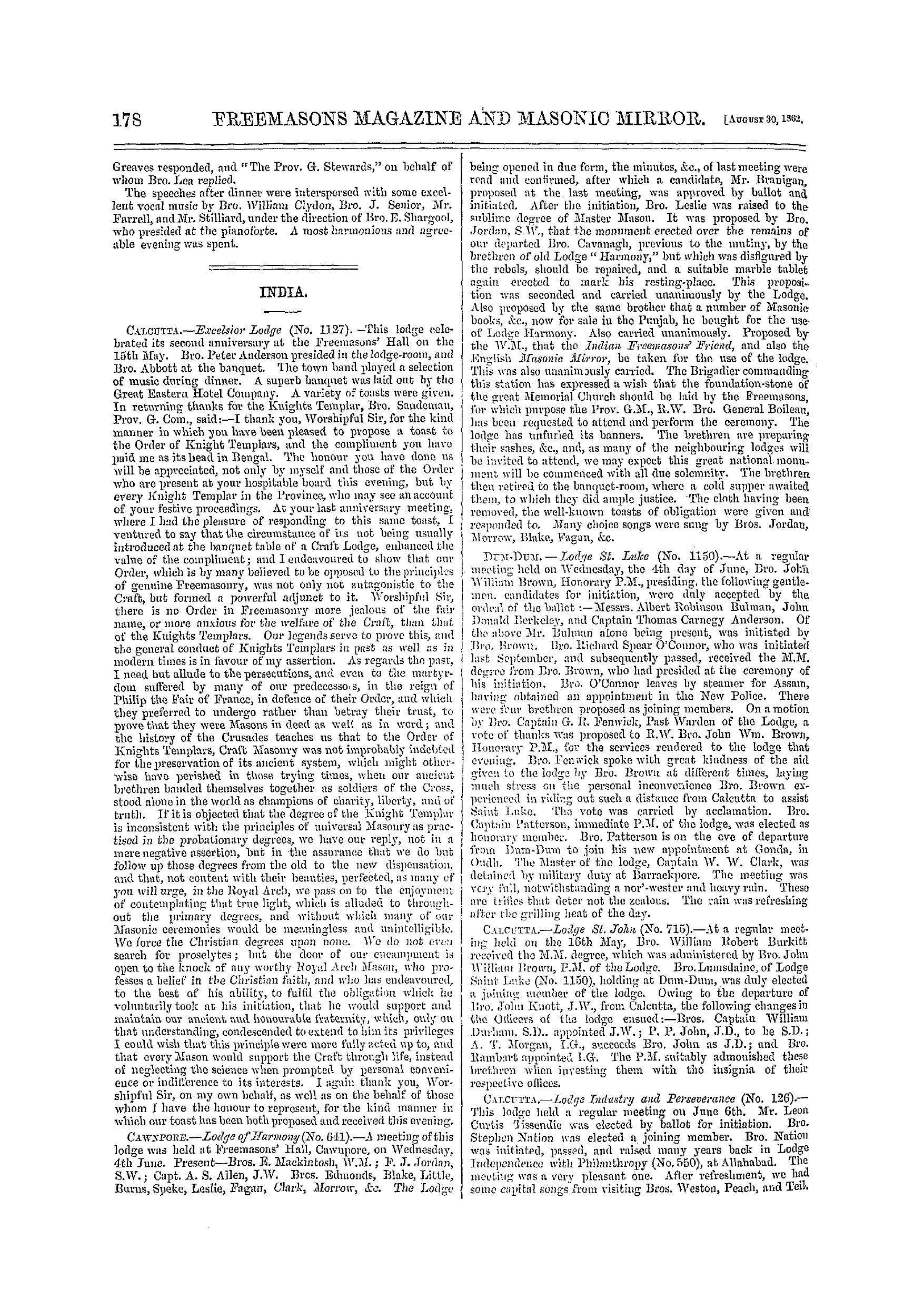 The Freemasons' Monthly Magazine: 1862-08-30 - Provincial.