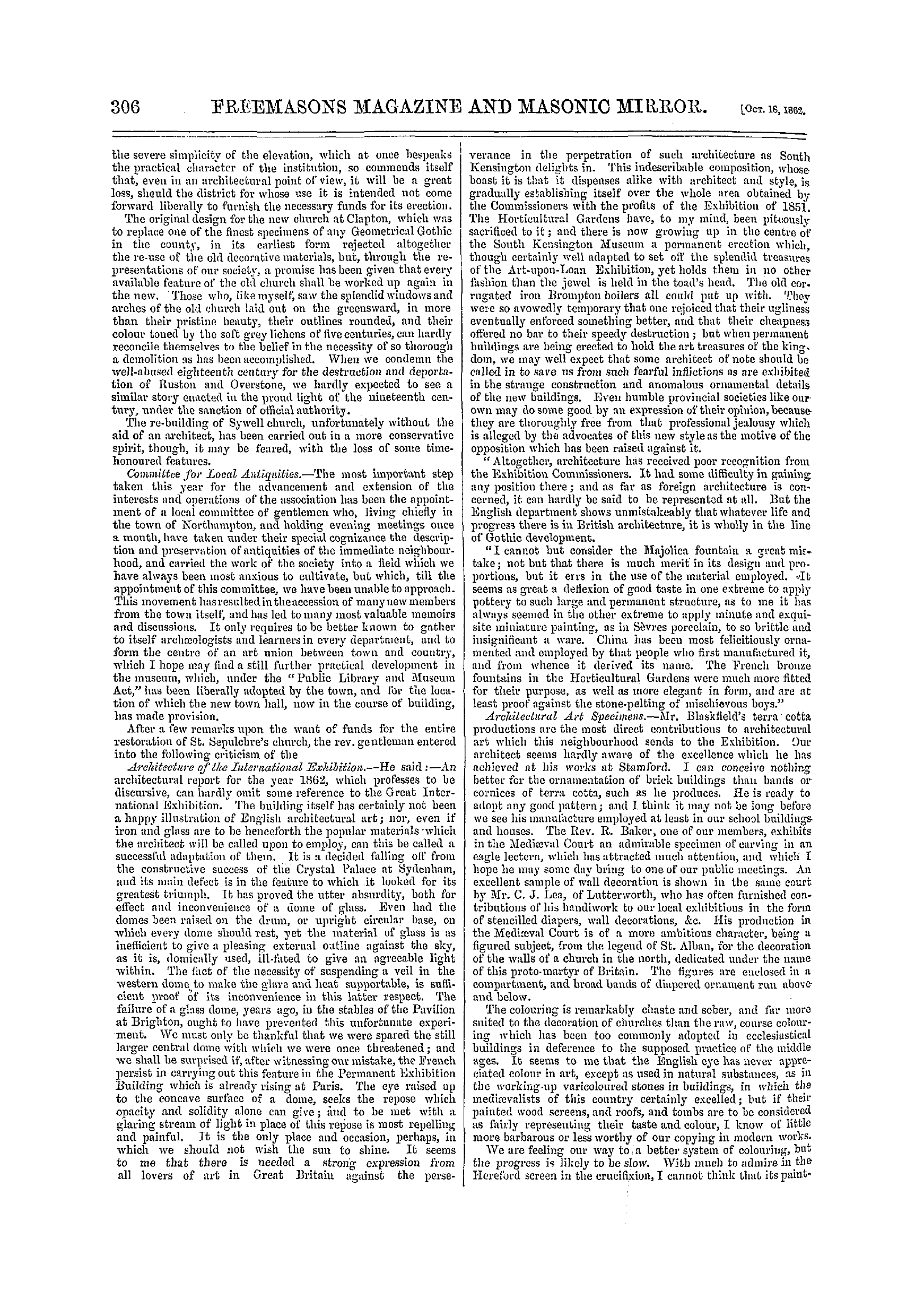 The Freemasons' Monthly Magazine: 1862-10-18 - Northamptonshire Architectural Society.