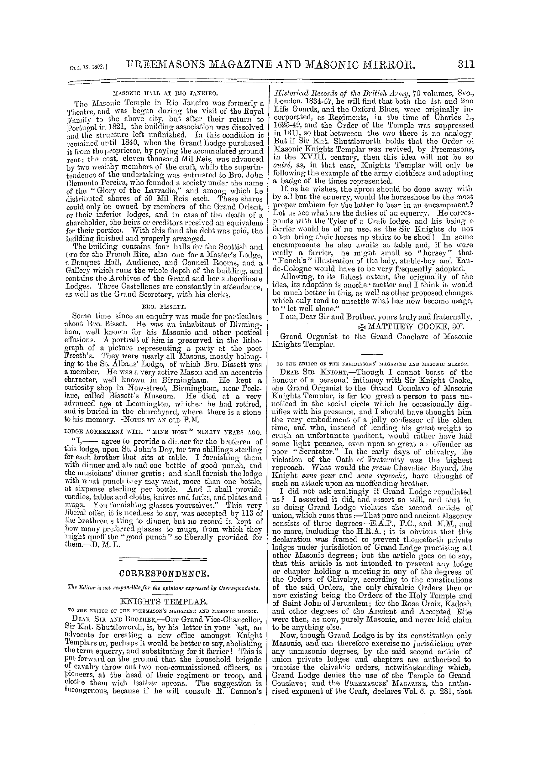 The Freemasons' Monthly Magazine: 1862-10-18 - Correspondence.