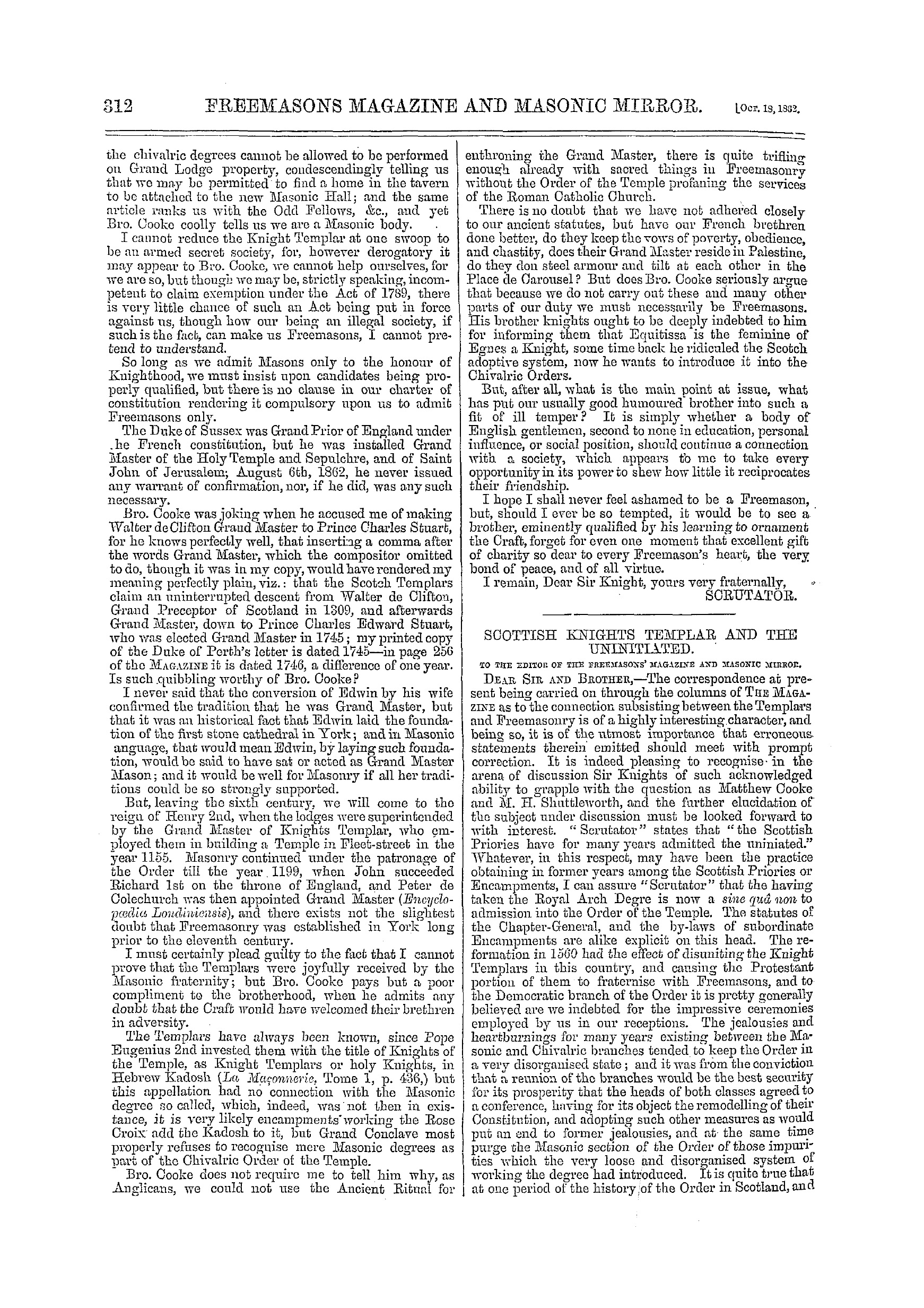 The Freemasons' Monthly Magazine: 1862-10-18 - Correspondence.