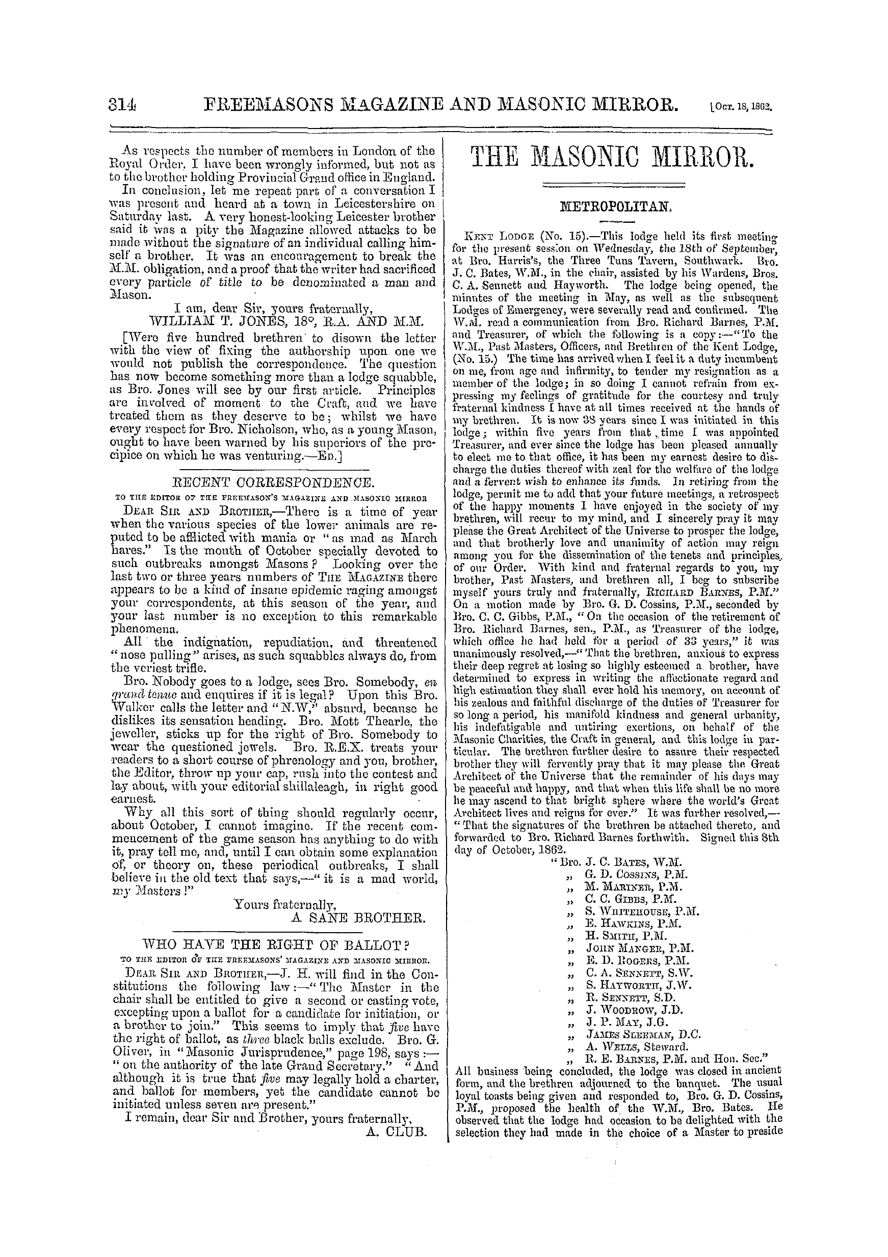 The Freemasons' Monthly Magazine: 1862-10-18 - Metropolitan.