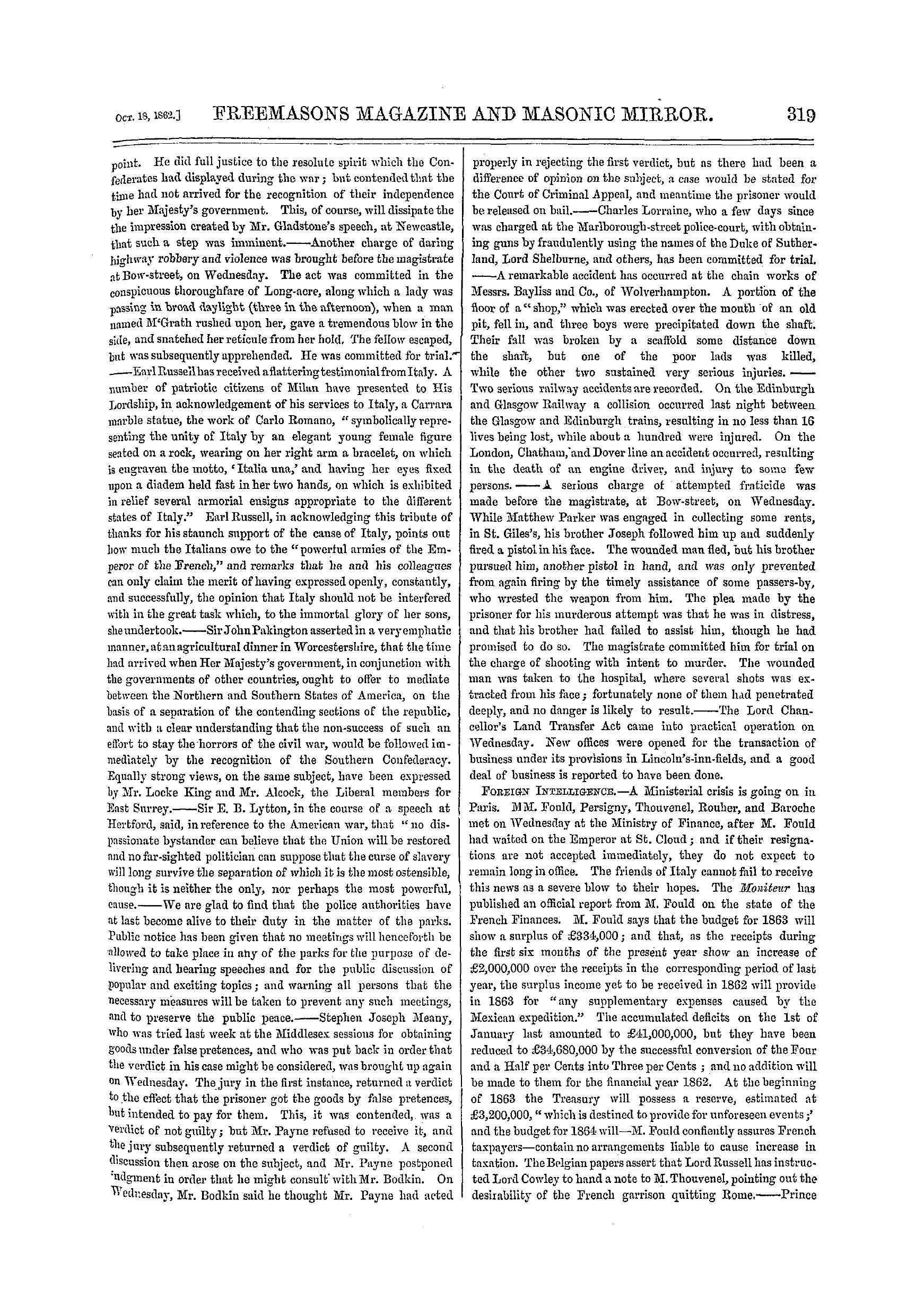 The Freemasons' Monthly Magazine: 1862-10-18 - The Week.