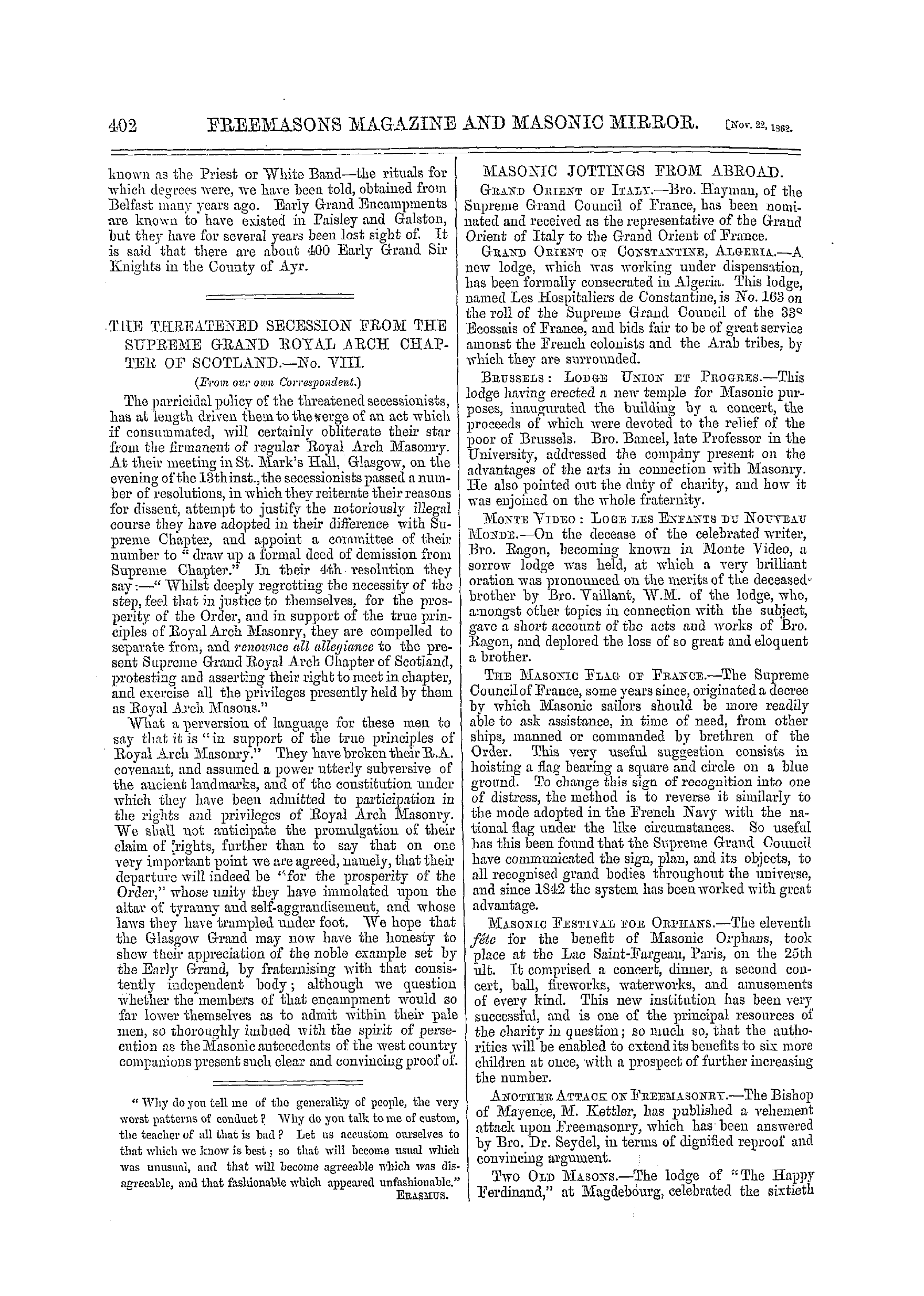 The Freemasons' Monthly Magazine: 1862-11-22 - Masonic Jottings From Abroad.