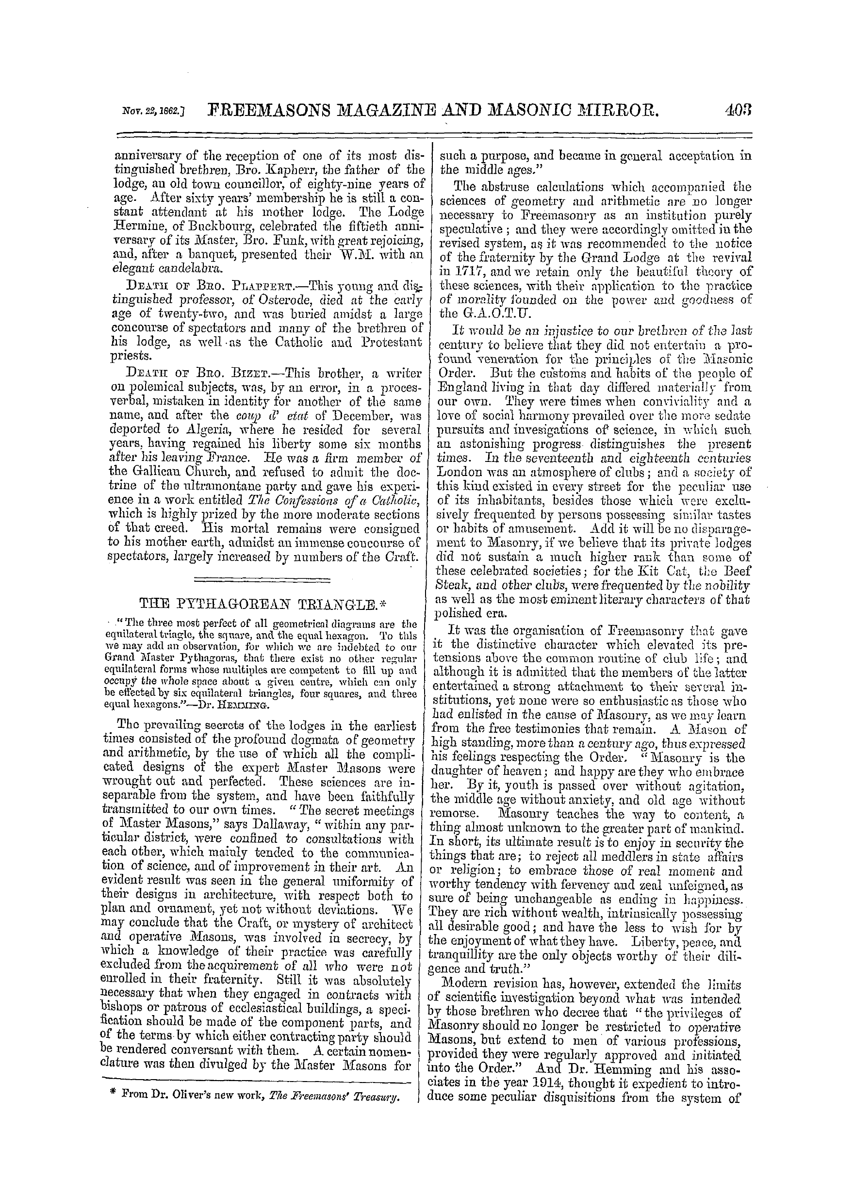 The Freemasons' Monthly Magazine: 1862-11-22 - Masonic Jottings From Abroad.