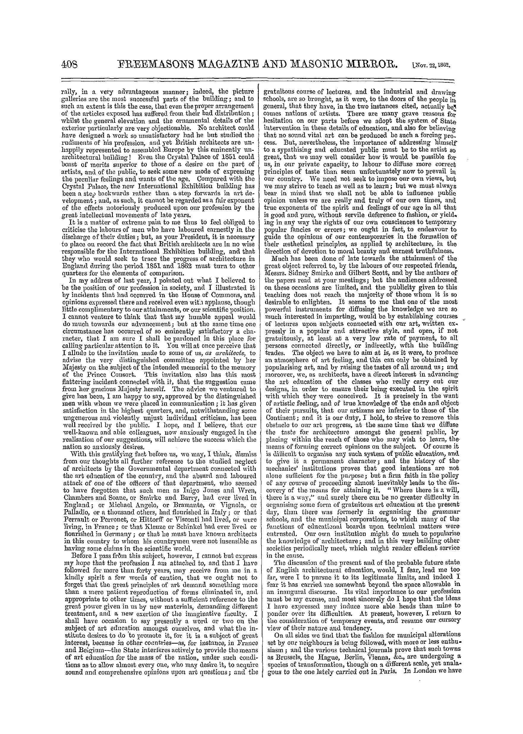 The Freemasons' Monthly Magazine: 1862-11-22 - Architectoral Review Of The Year.