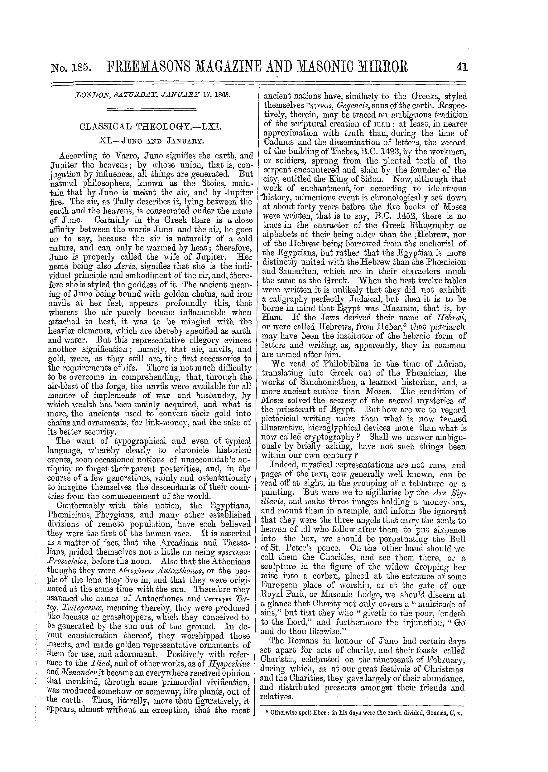 The Freemasons' Monthly Magazine: 1863-01-17 - Classical Theology.—Lxi.