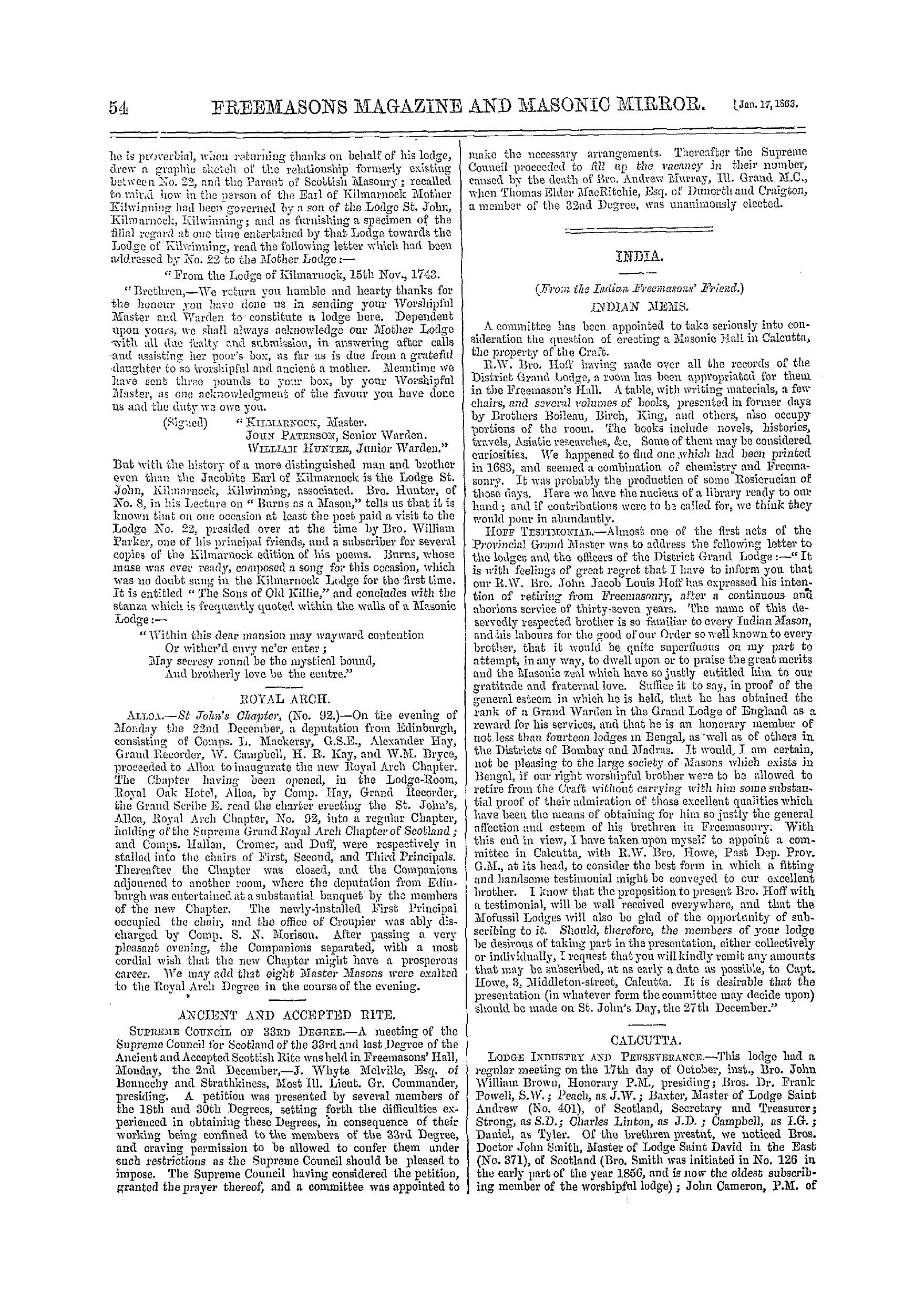 The Freemasons' Monthly Magazine: 1863-01-17 - India.