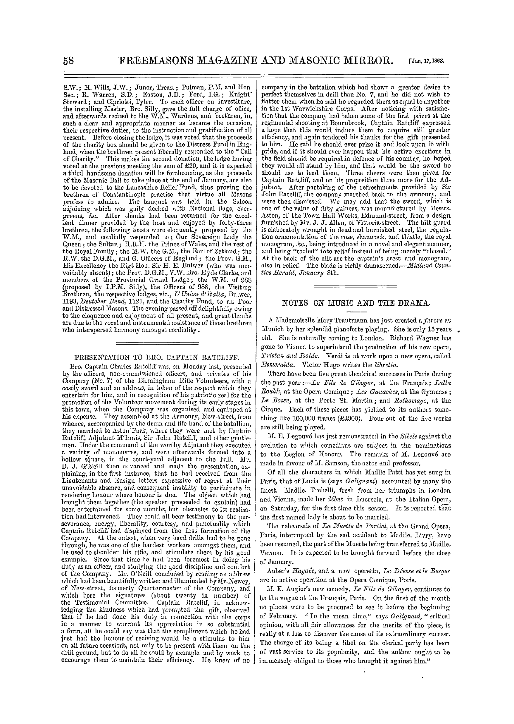 The Freemasons' Monthly Magazine: 1863-01-17 - Notes On Music And The Drama.