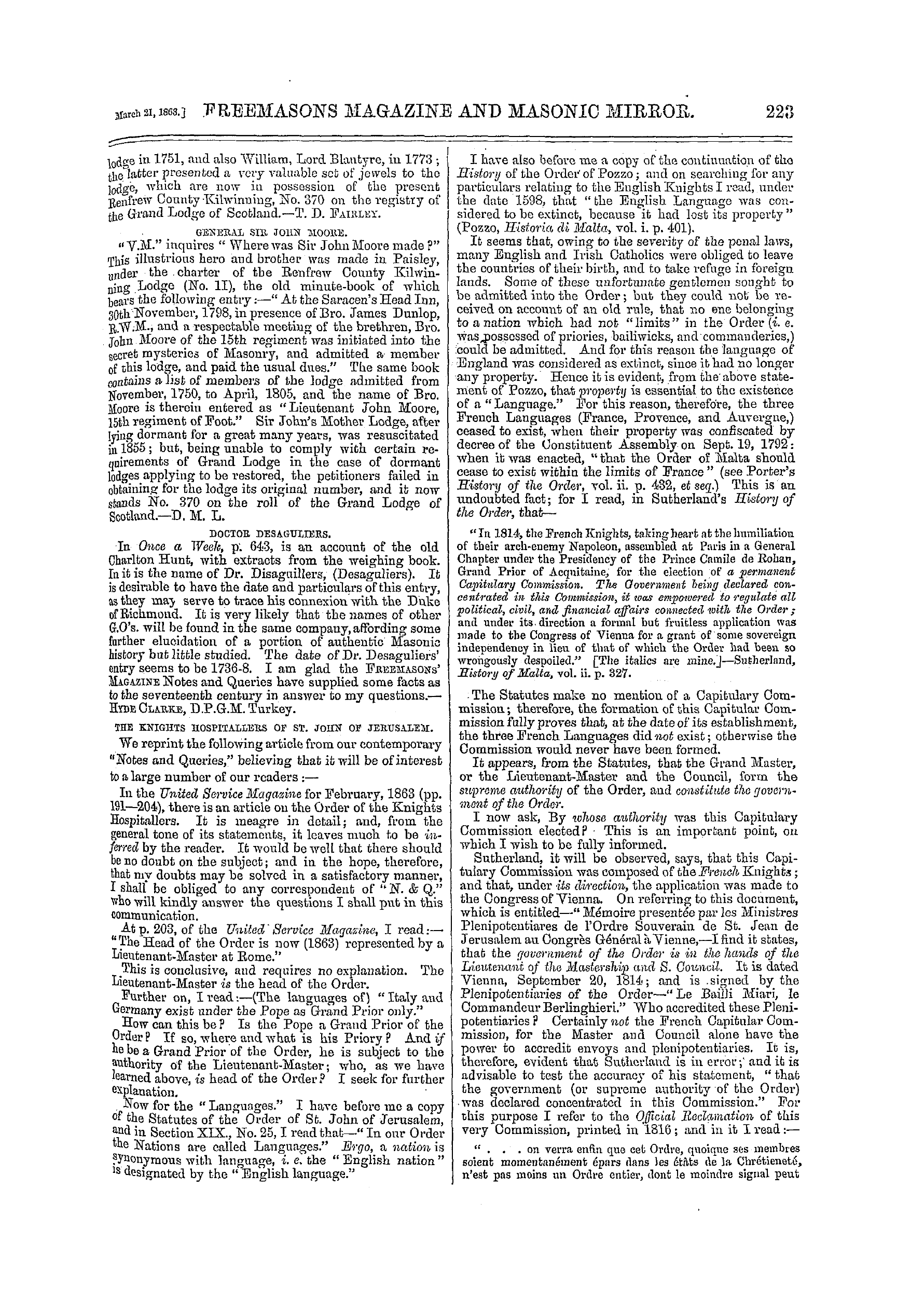 The Freemasons' Monthly Magazine: 1863-03-21 - Masonic Notes And Queries.