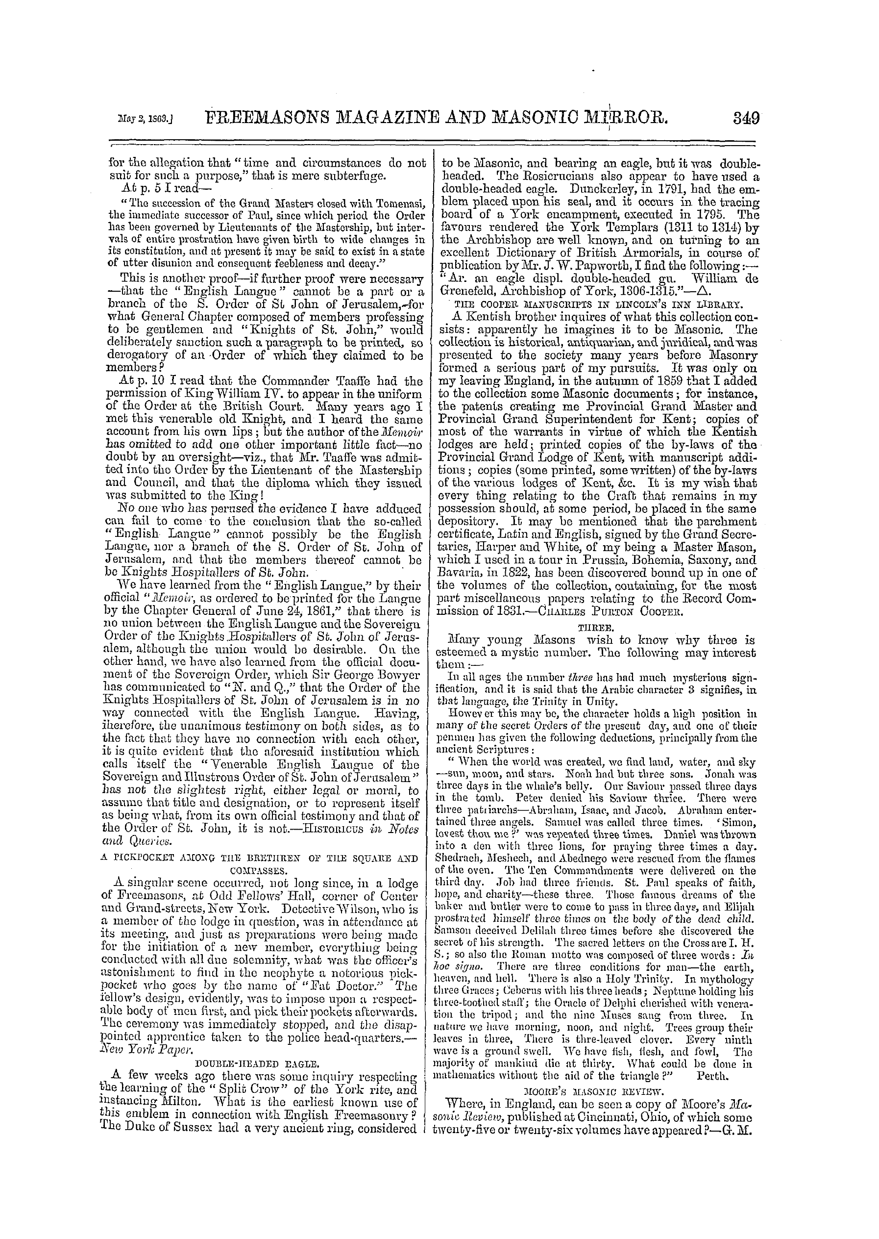 The Freemasons' Monthly Magazine: 1863-05-02 - Masonic Notes And Queries.