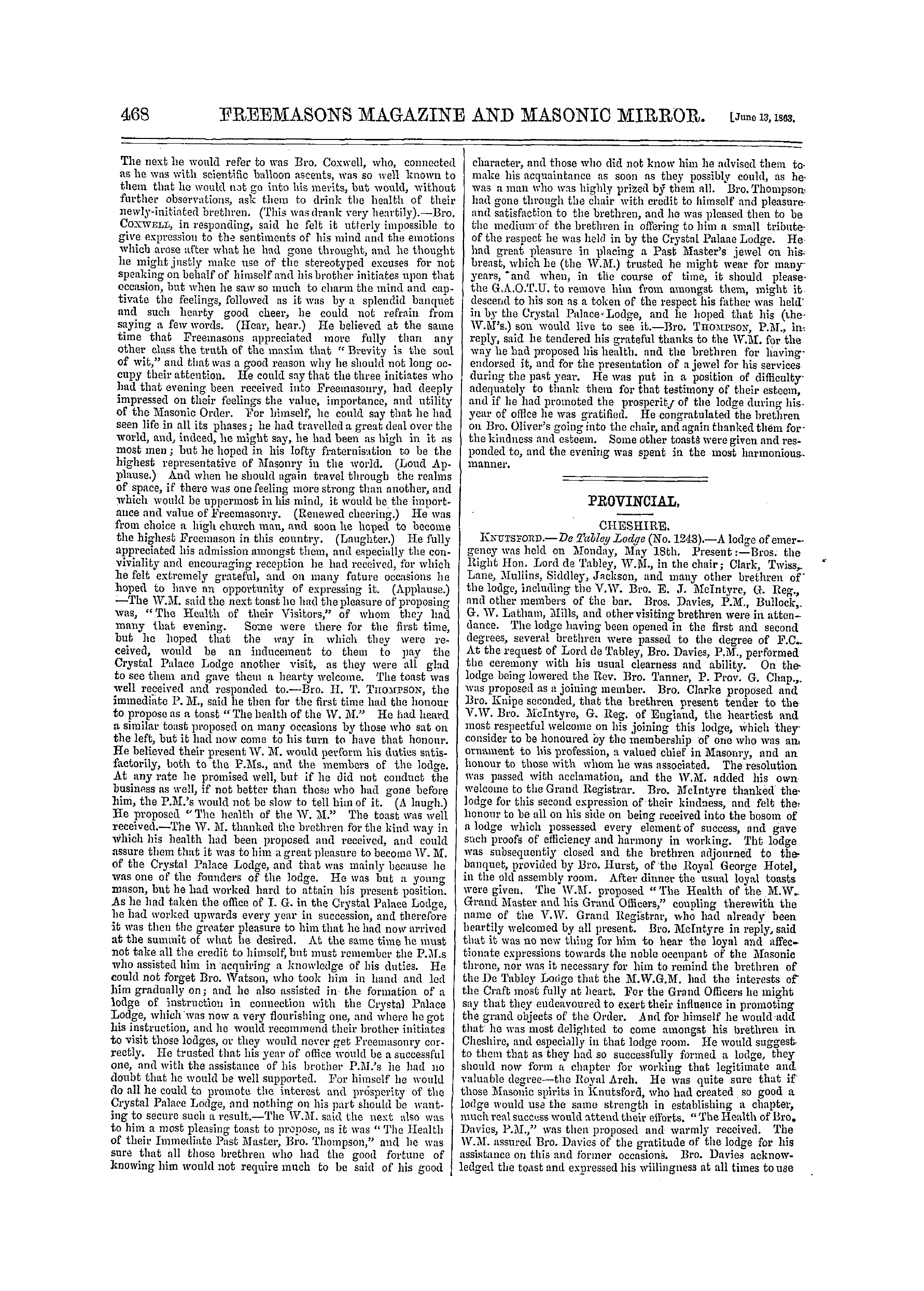 The Freemasons' Monthly Magazine: 1863-06-13 - Provincial,