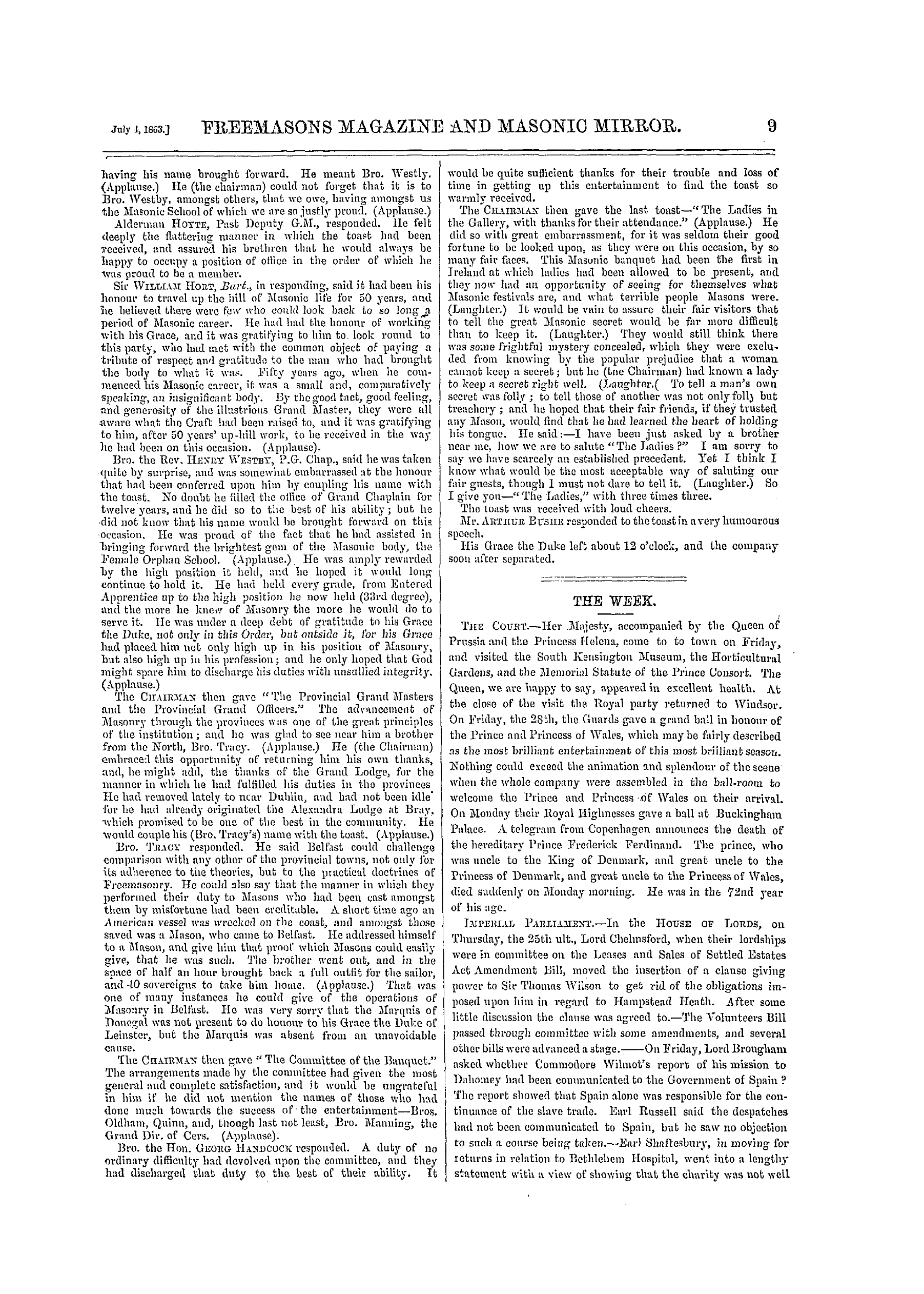 The Freemasons' Monthly Magazine: 1863-07-04 - The Week.