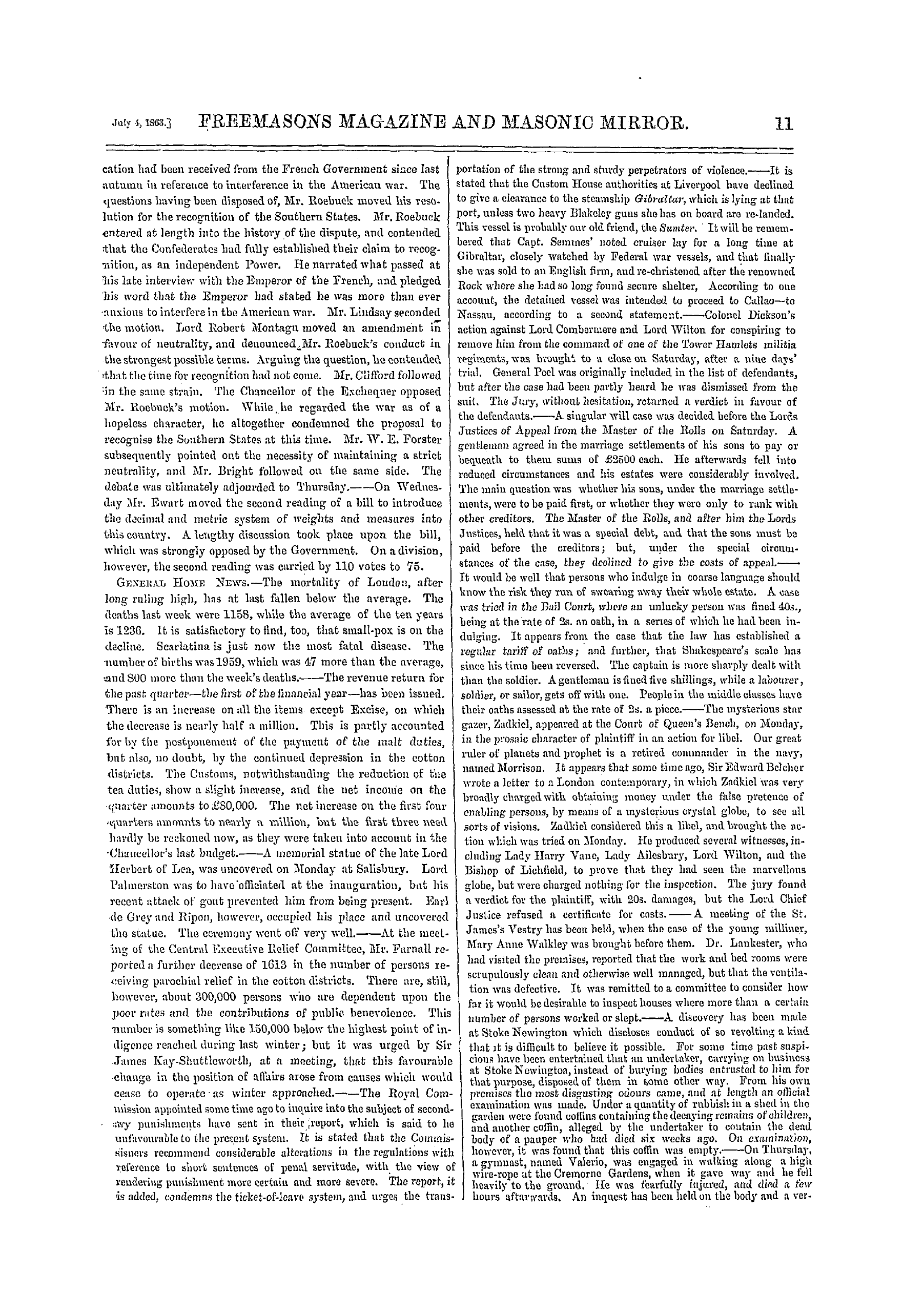 The Freemasons' Monthly Magazine: 1863-07-04 - The Week.