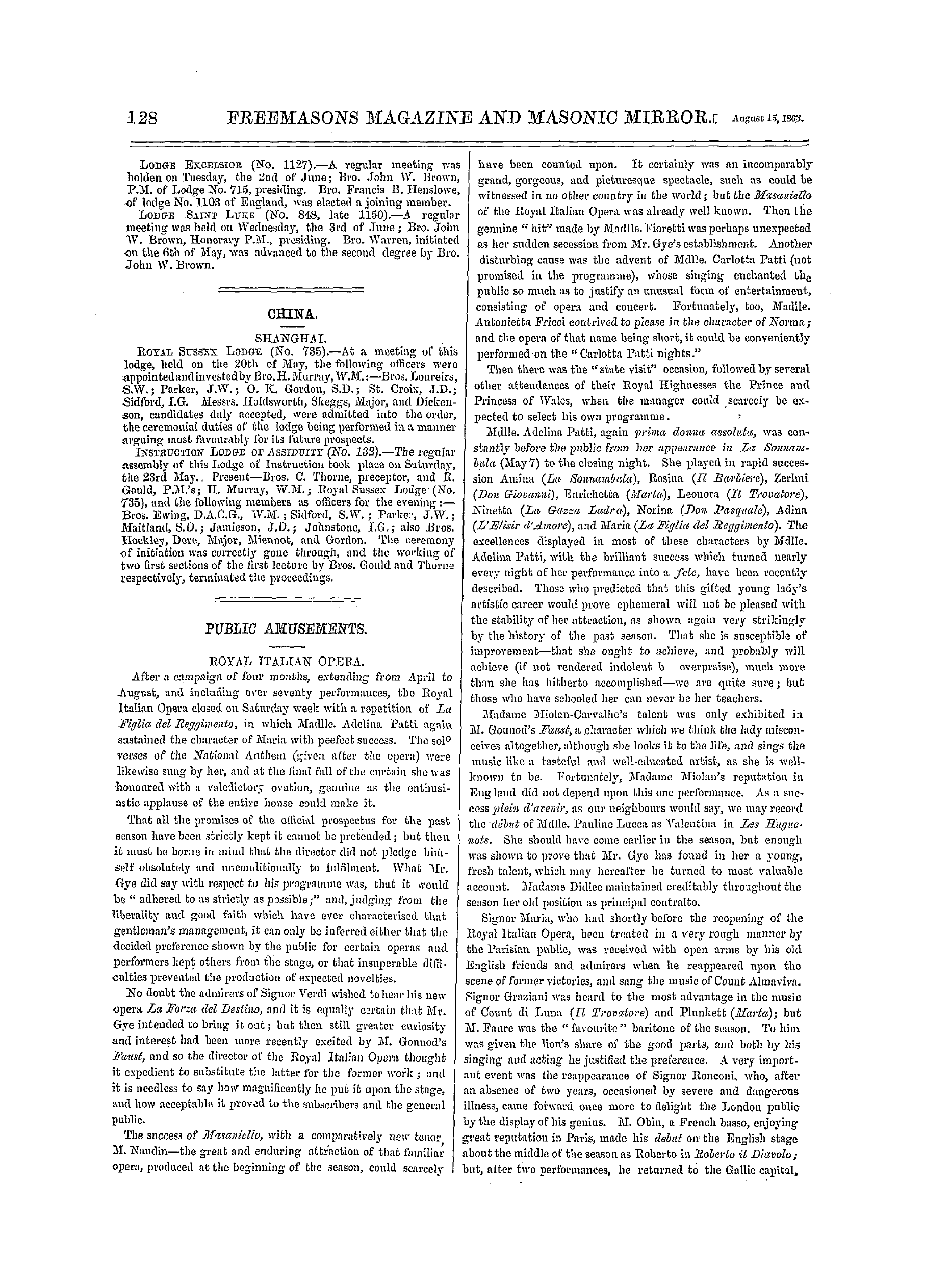 The Freemasons' Monthly Magazine: 1863-08-15 - Public Amusements.