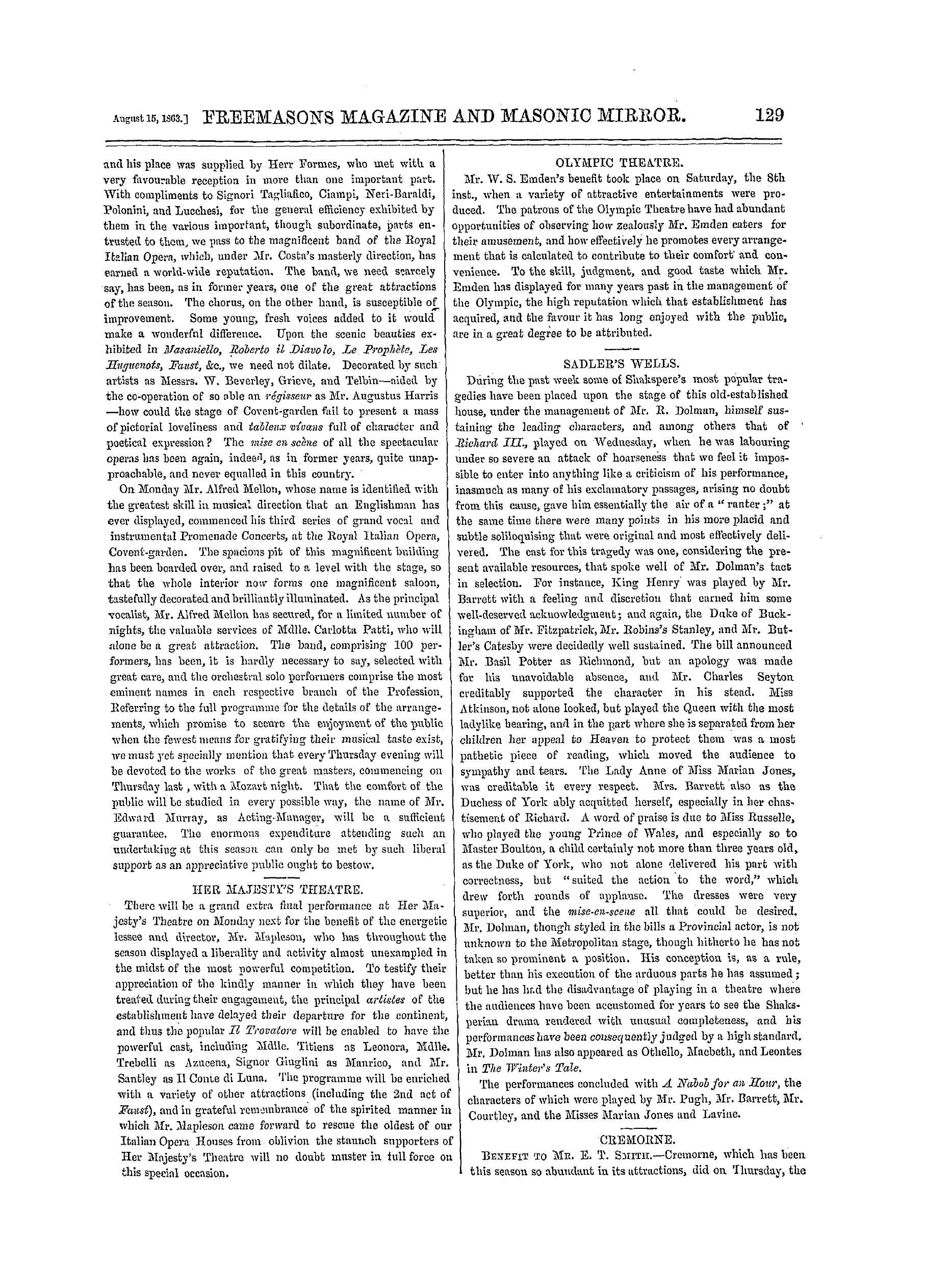 The Freemasons' Monthly Magazine: 1863-08-15 - Public Amusements.