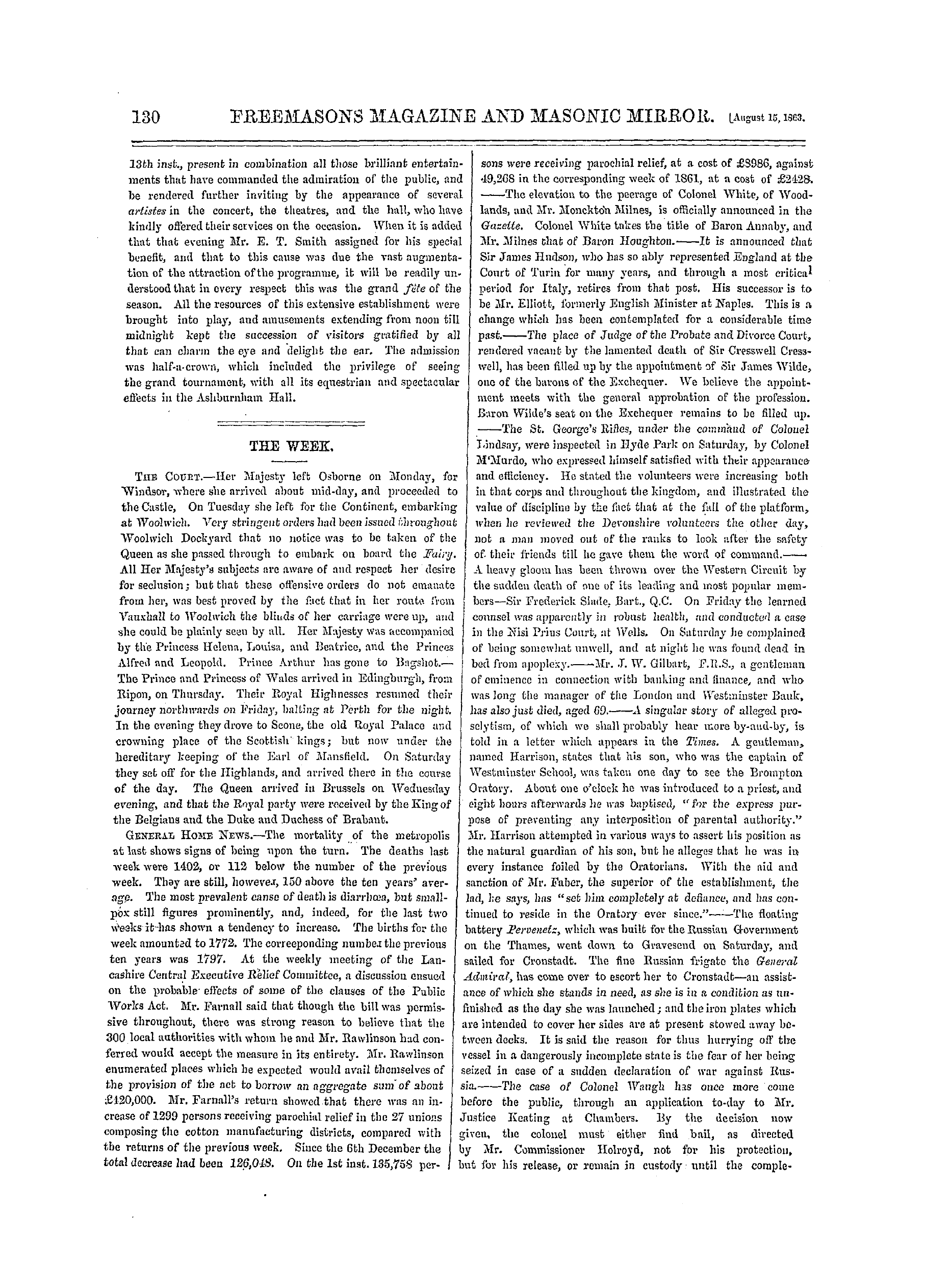 The Freemasons' Monthly Magazine: 1863-08-15 - The Week.