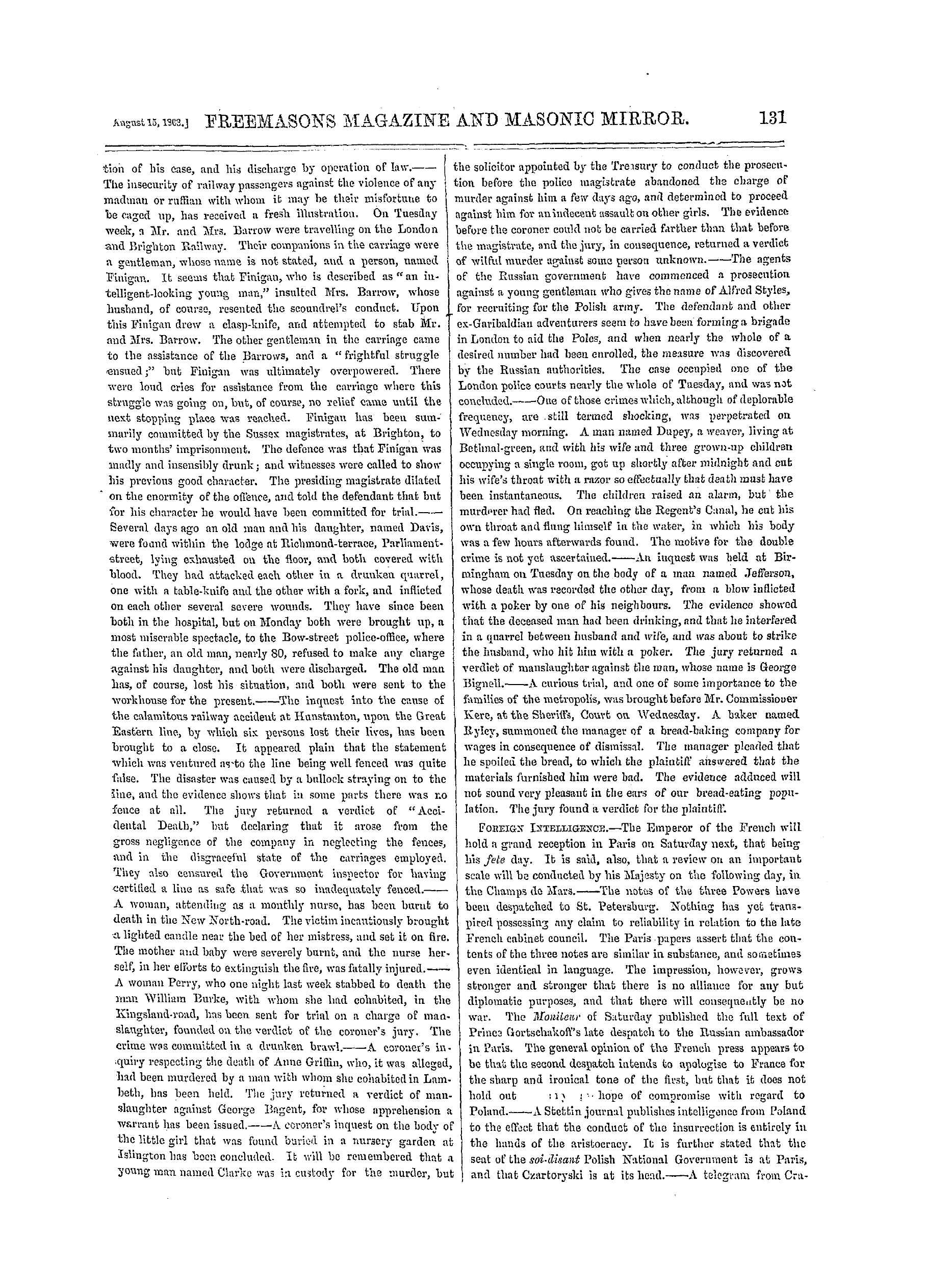 The Freemasons' Monthly Magazine: 1863-08-15 - The Week.