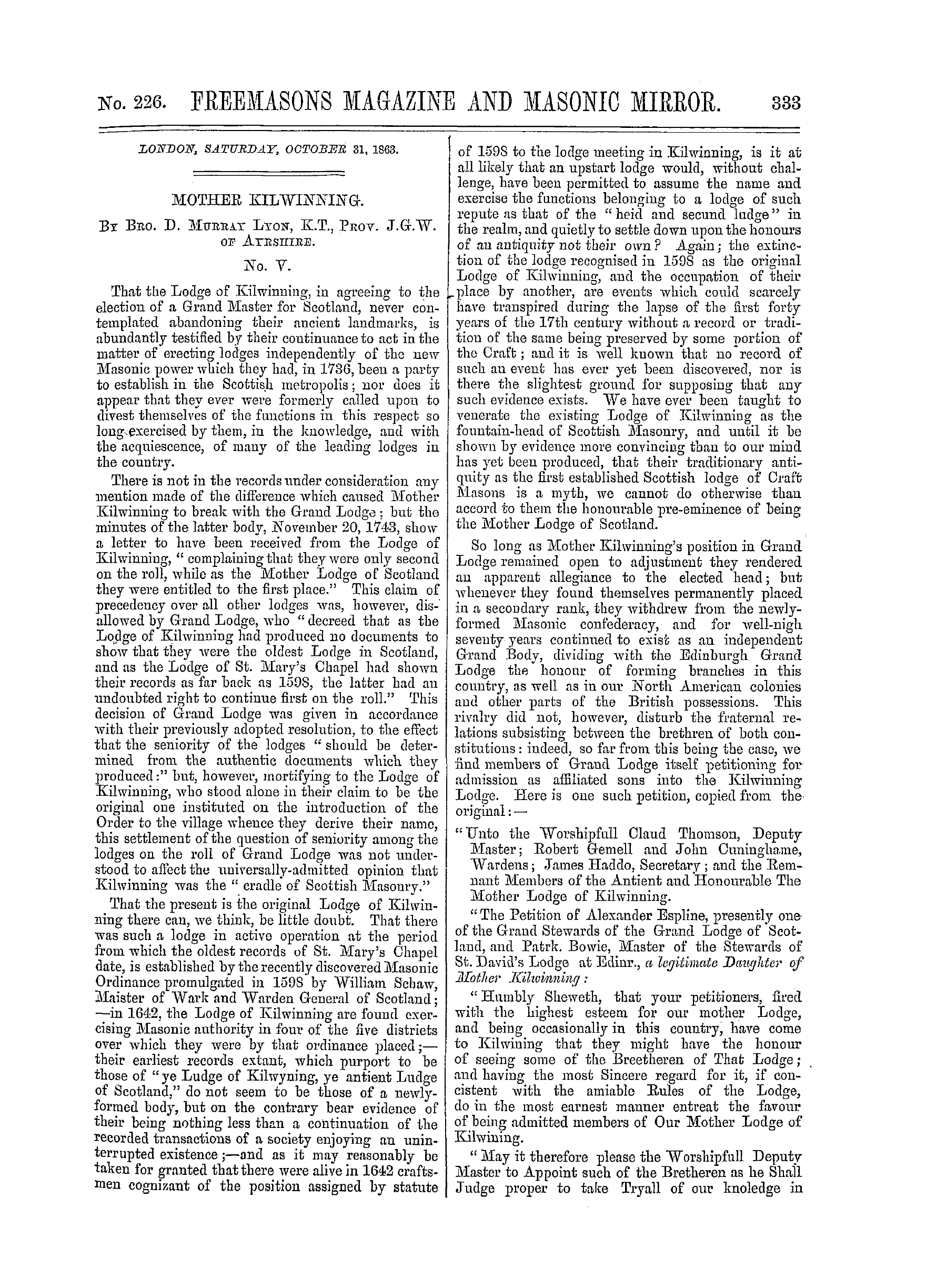 The Freemasons' Monthly Magazine: 1863-10-31 - Mother Kilwinning.