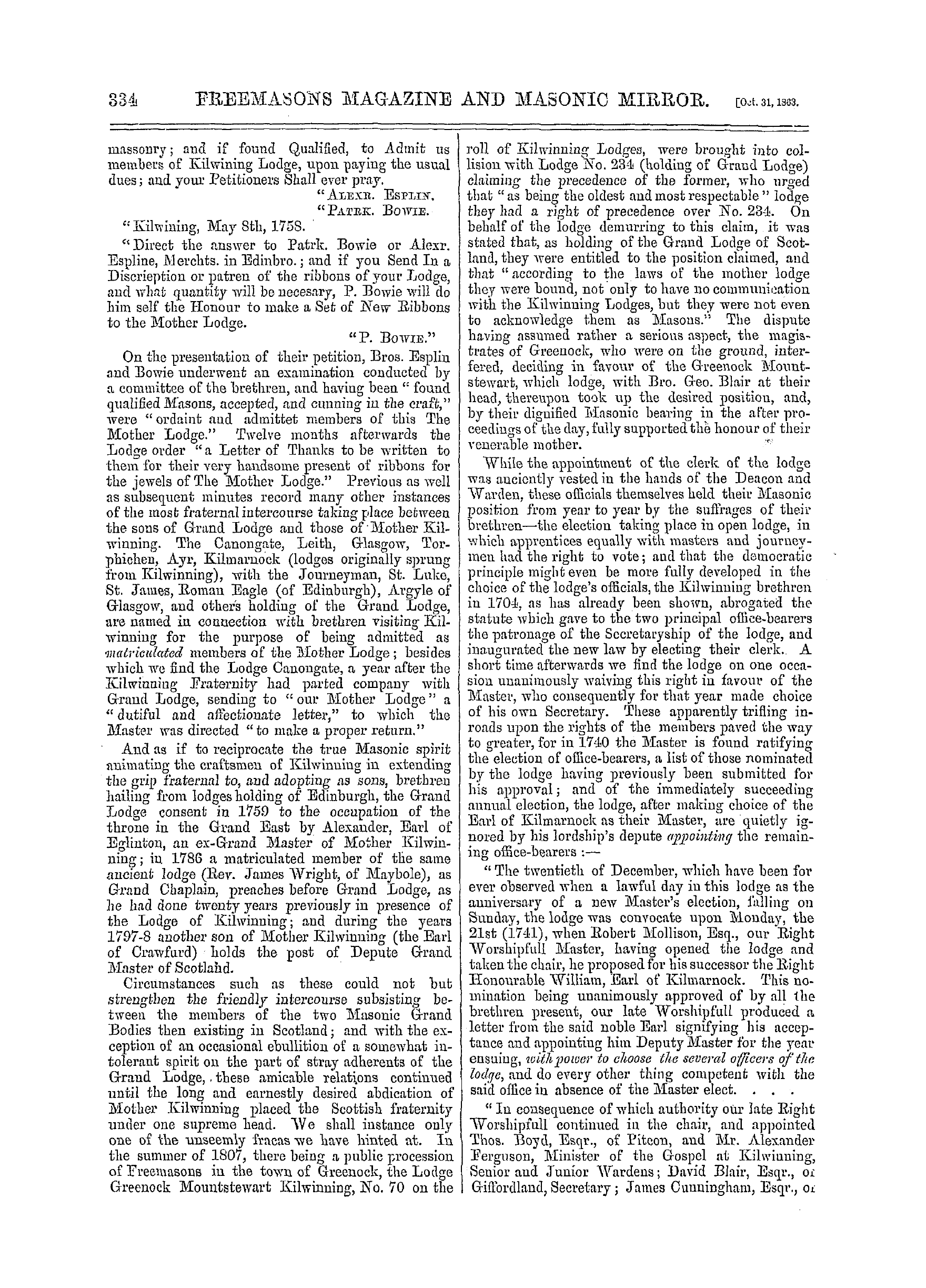 The Freemasons' Monthly Magazine: 1863-10-31 - Mother Kilwinning.