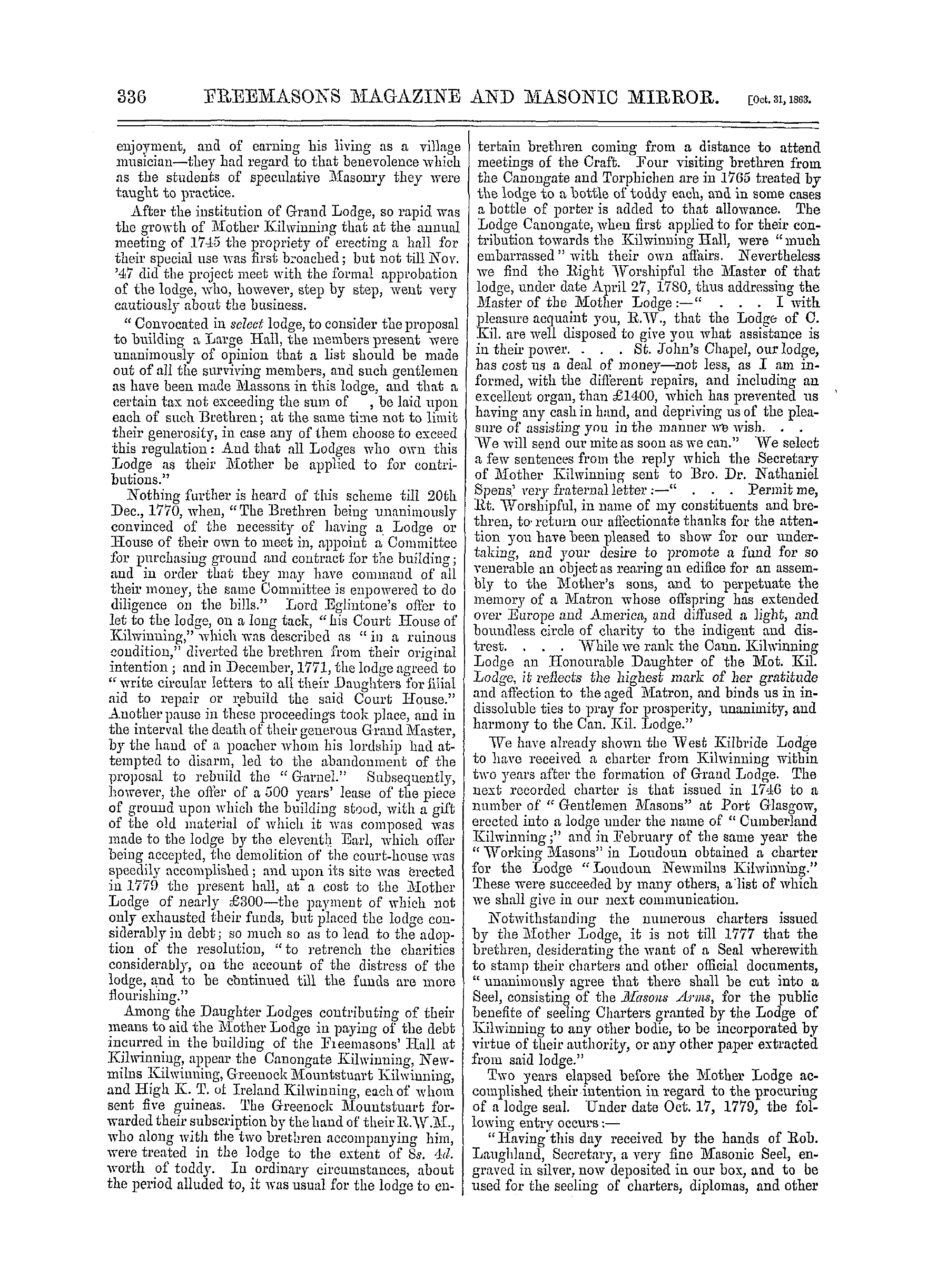 The Freemasons' Monthly Magazine: 1863-10-31 - Mother Kilwinning.