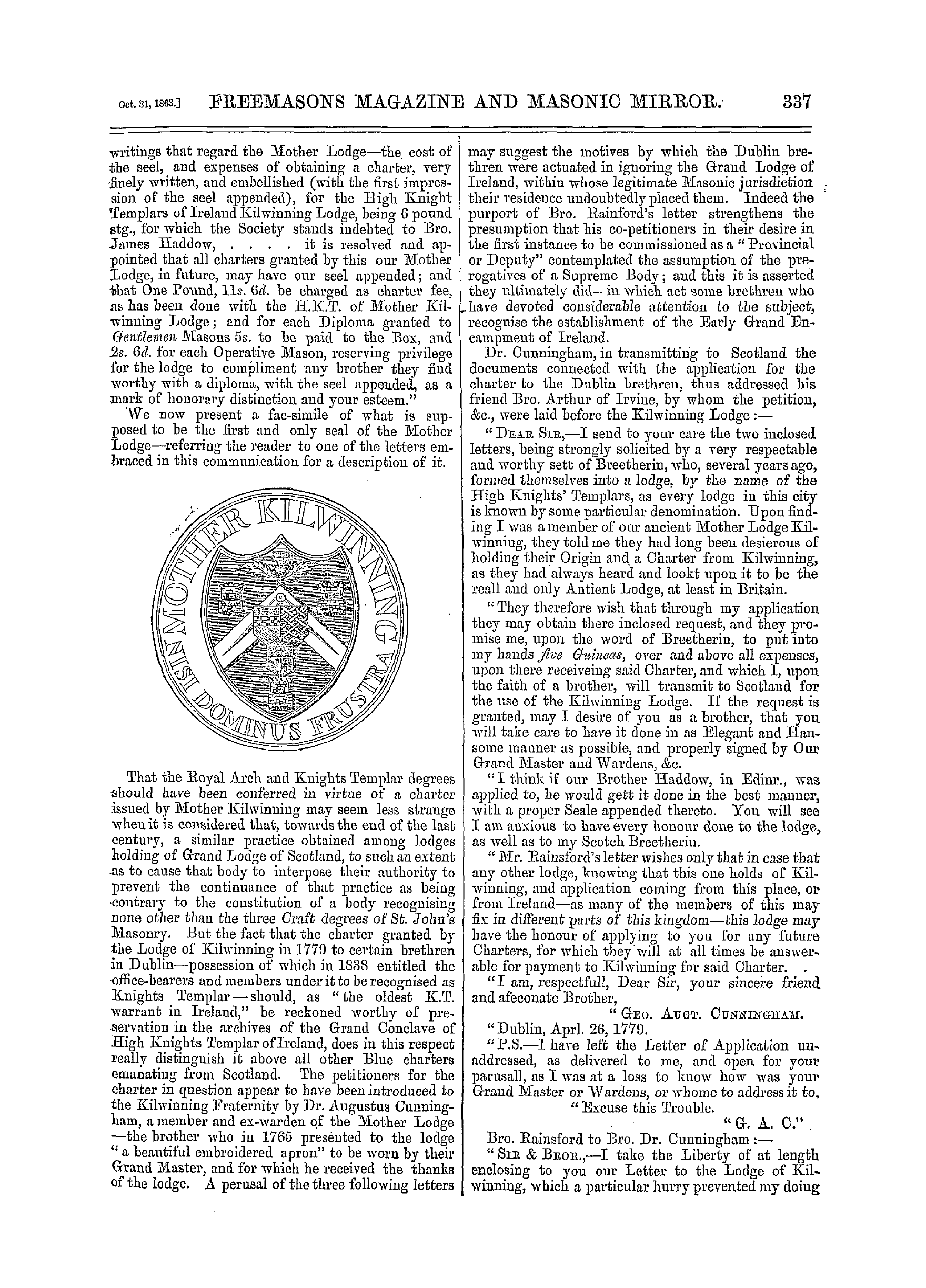 The Freemasons' Monthly Magazine: 1863-10-31 - Mother Kilwinning.