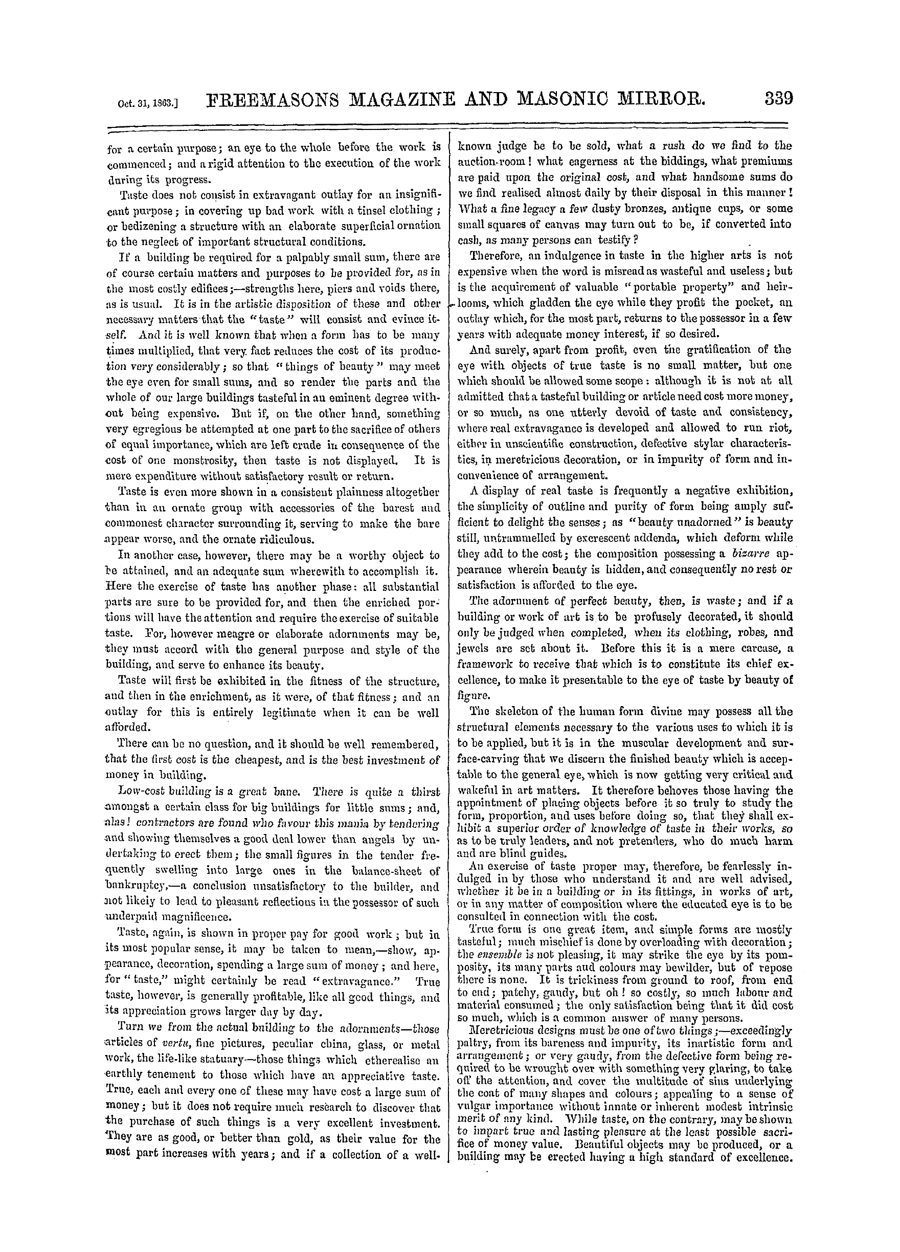 The Freemasons' Monthly Magazine: 1863-10-31 - Is Taste As Expensive Indulgence ?