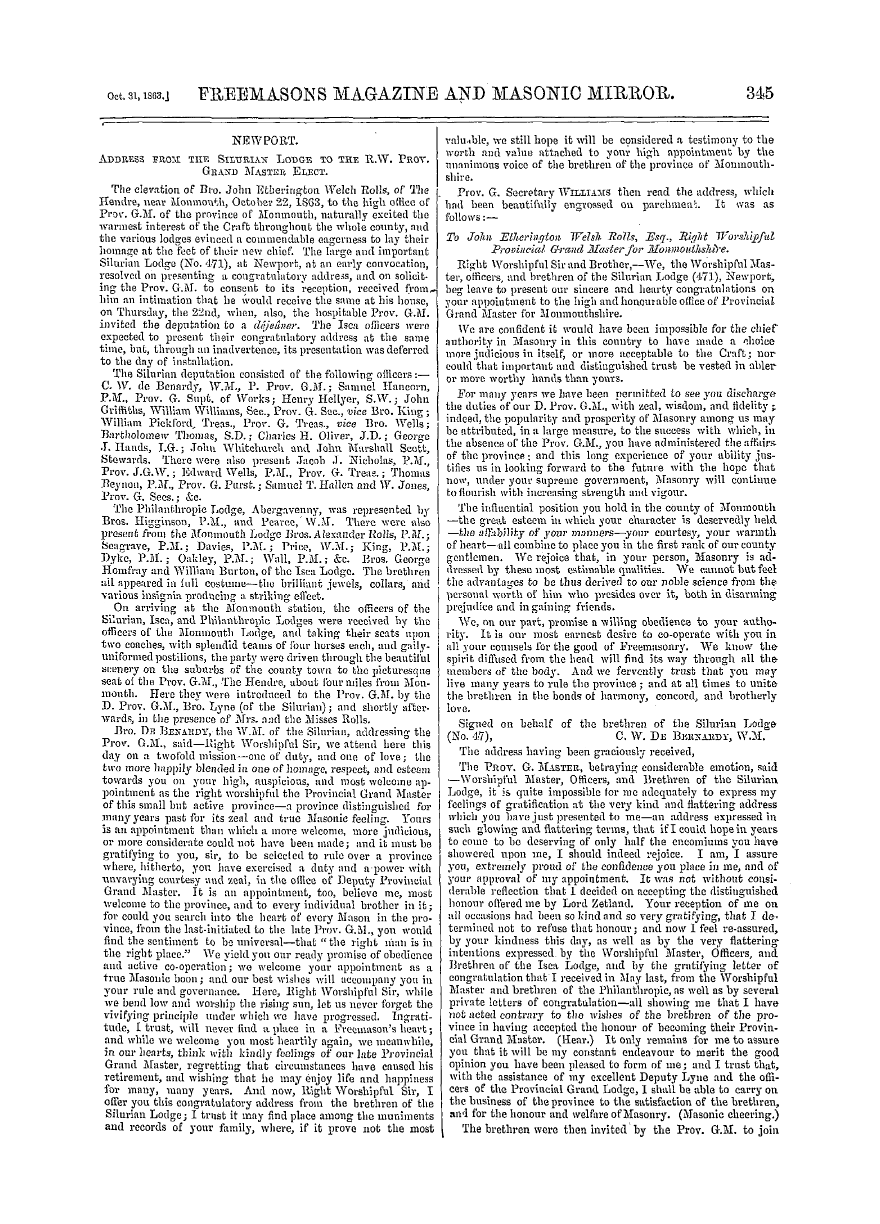 The Freemasons' Monthly Magazine: 1863-10-31 - Provincial.