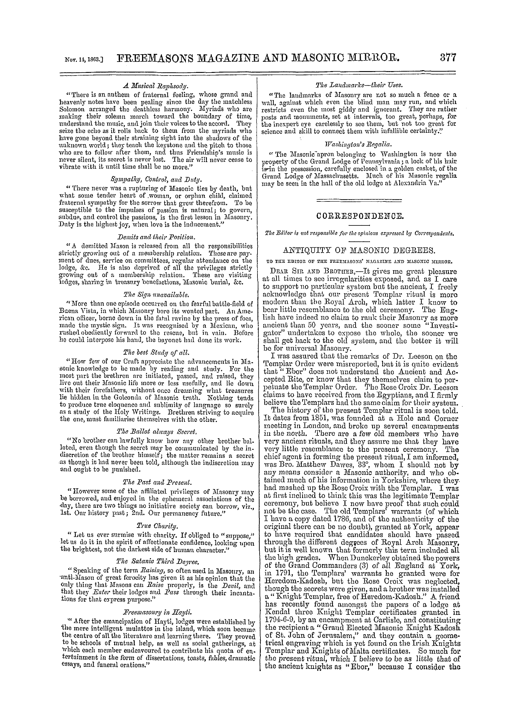 The Freemasons' Monthly Magazine: 1863-11-14 - Correspondence.