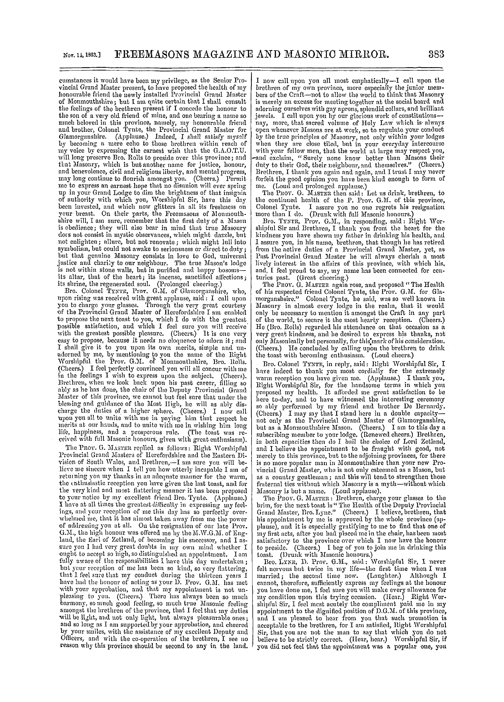 The Freemasons' Monthly Magazine: 1863-11-14 - Provincial.