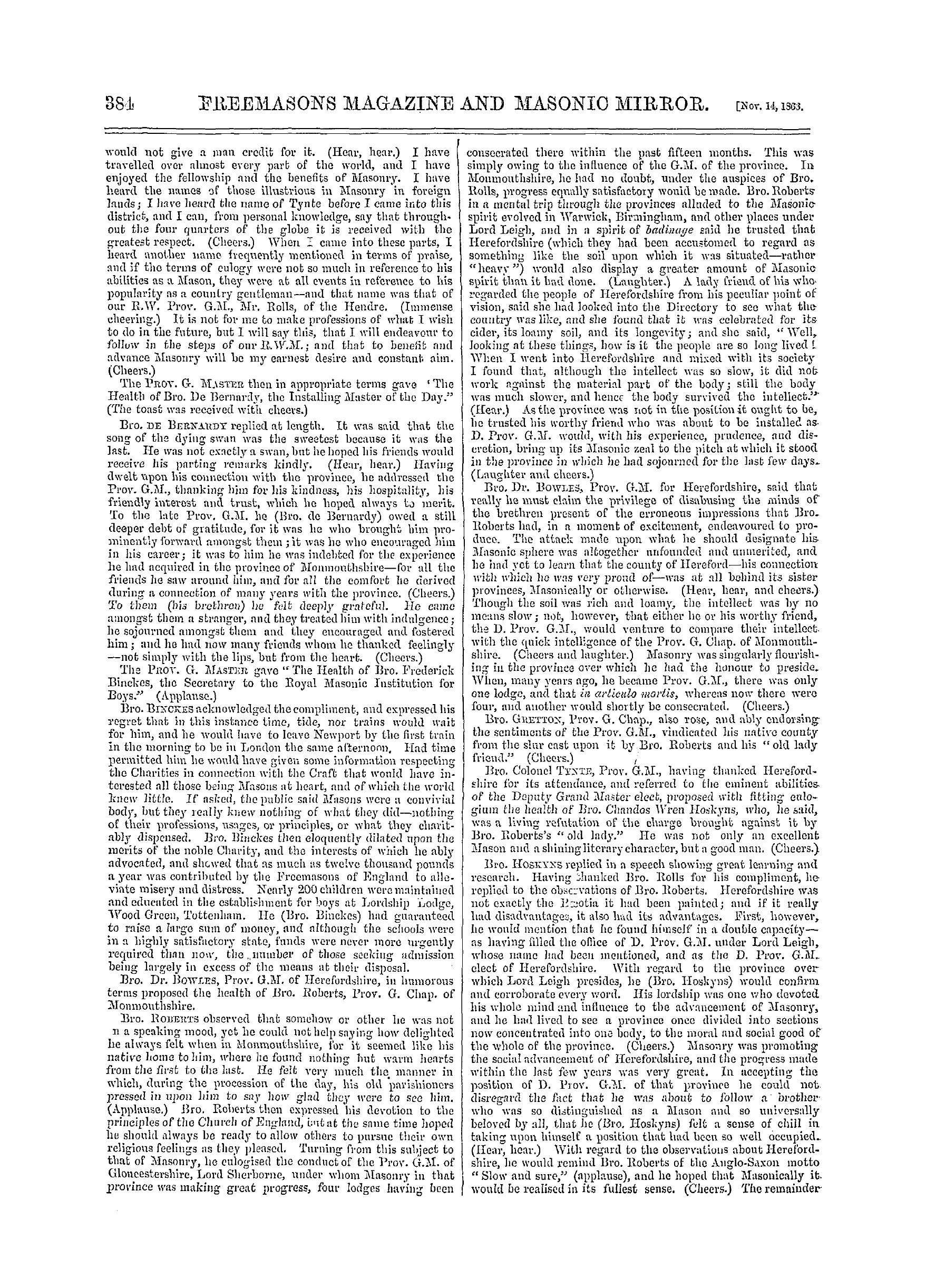 The Freemasons' Monthly Magazine: 1863-11-14 - Provincial.